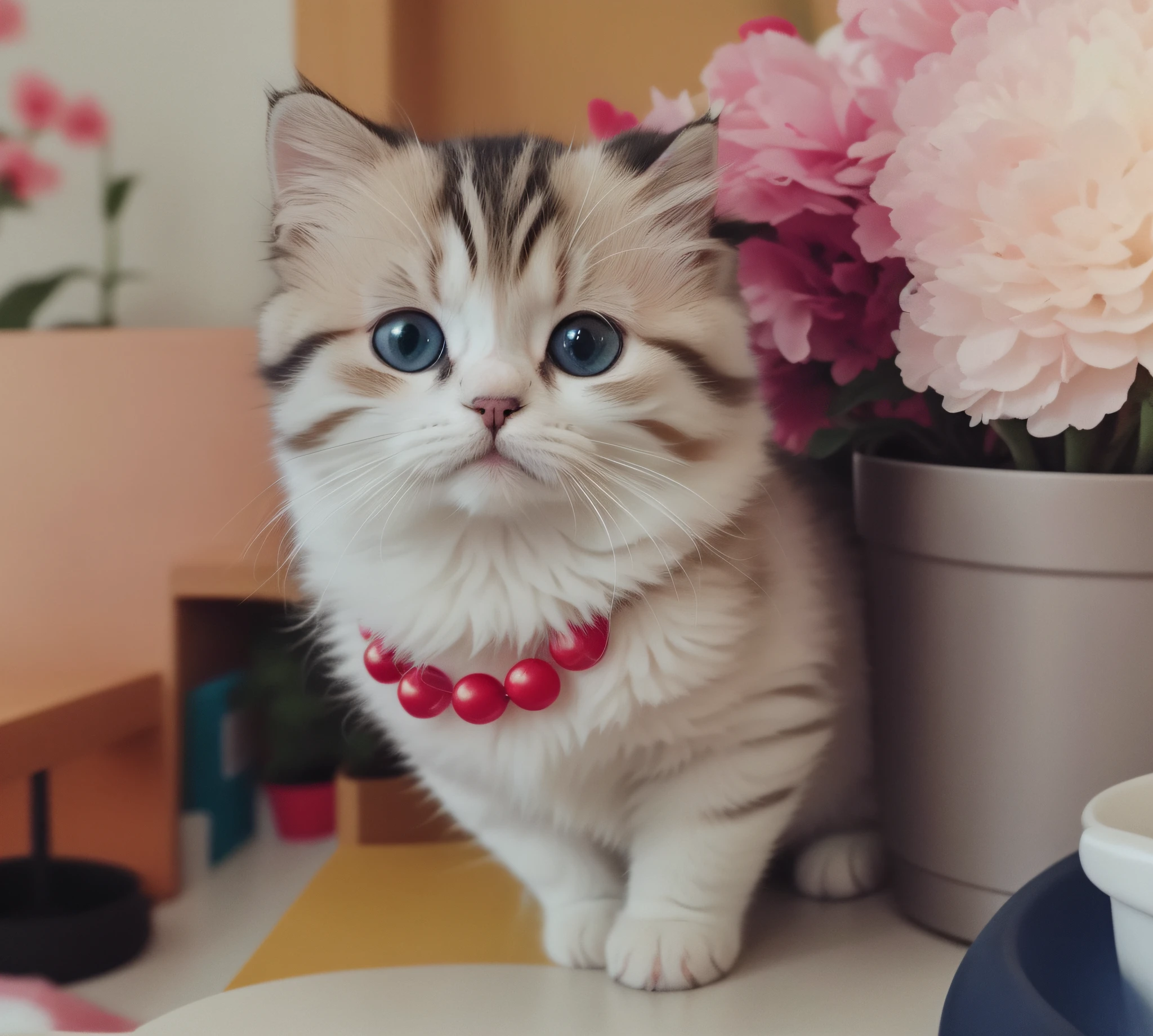 A small kitten sits at a table next to a potted plant, Scottish Fold, Cute kitten, an adorable kitten, Cute cat, cute cat photo, Beautiful cute, the cutest kitten ever, nice and cute, very beautiful cute catgirl, Beautiful and cute, cute and lovely, Cute beautiful, with cute doting eyes, Cute and adorable, a cute little cat