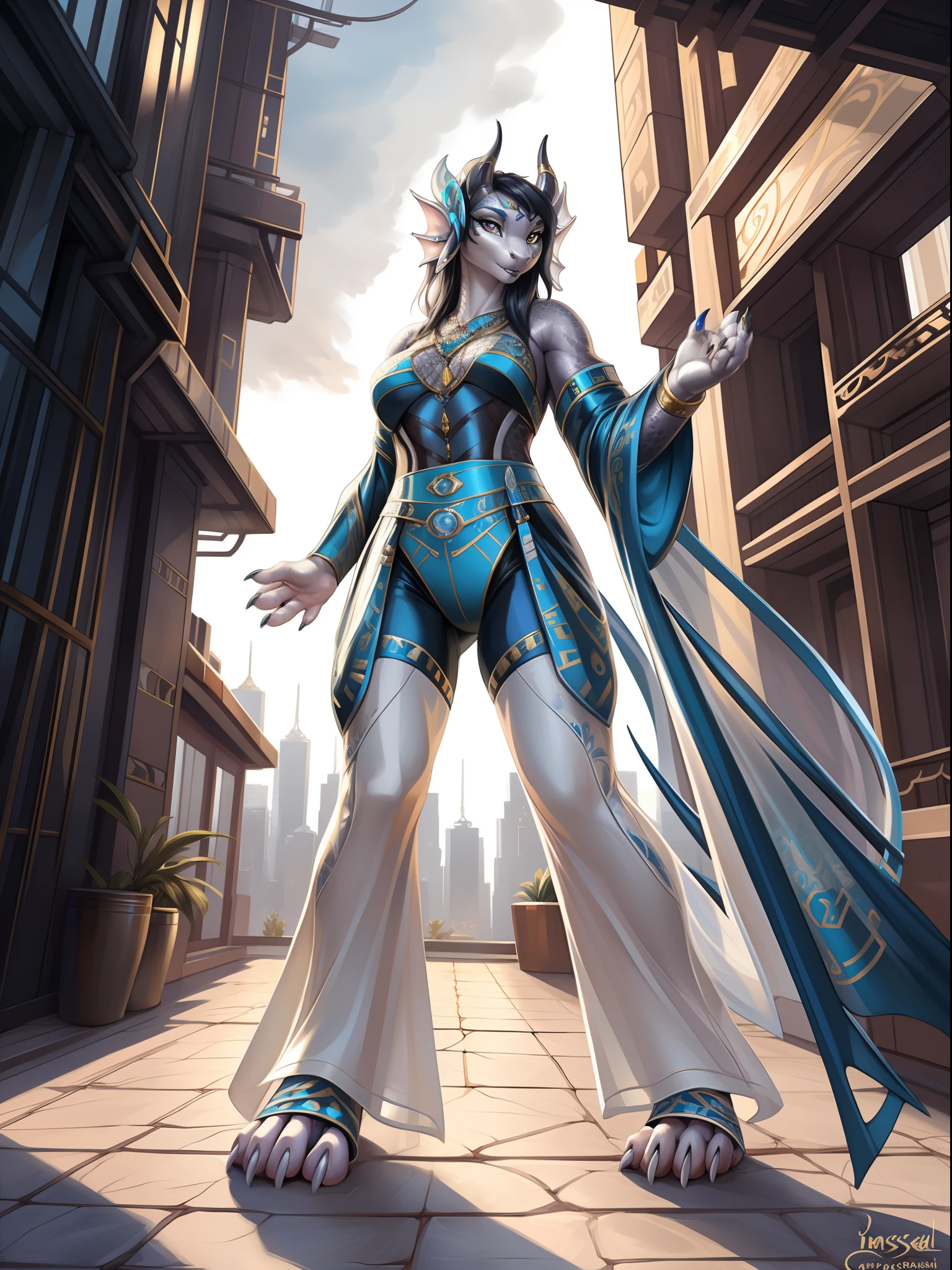 （Fembot Dragon), standing, Solo,, Detailed scale texture, Bedroom, (Cyberpunk), (tribe outfit, ), (shoulders down,Leg underwear),Plastic sandals,Silver-white body,White belly, dawn, shaded, Dim environment, (drakgem), ((rakisha)), (kontanagamori)), (Upward view), It looks painful, [Simple background], Detailed pupils, Masterpiece artwork, Caustics, rim lit, Singlelightsource, Sharp shadows, solo portrait，finger claws, (digitgrade, toe claws), (Hanfu), by Inessa Garmash, greg rutkovsky, pino daeni, ruanjia