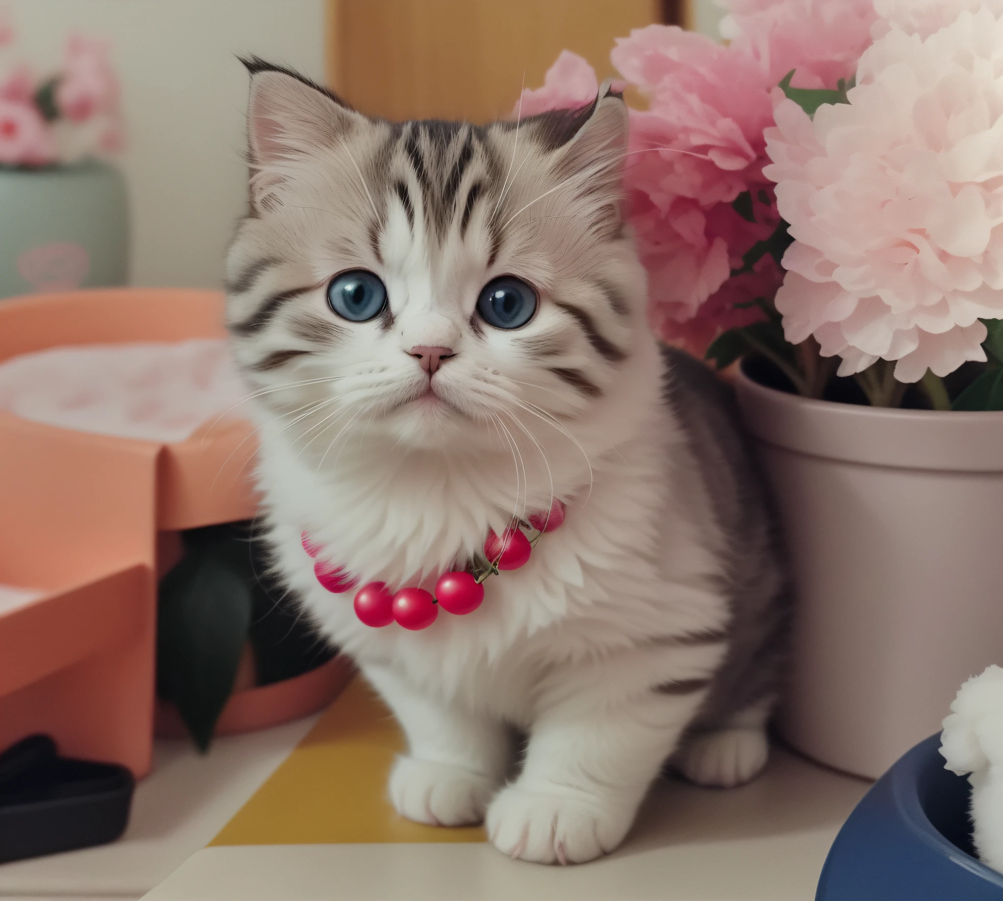 A small kitten sits at a table next to a potted plant, Scottish Fold, Cute kitten, an adorable kitten, Cute cat, cute cat photo, Beautiful cute, the cutest kitten ever, nice and cute, very beautiful cute catgirl, Beautiful and cute, cute and lovely, Cute beautiful, with cute doting eyes, Cute and adorable, a cute little cat