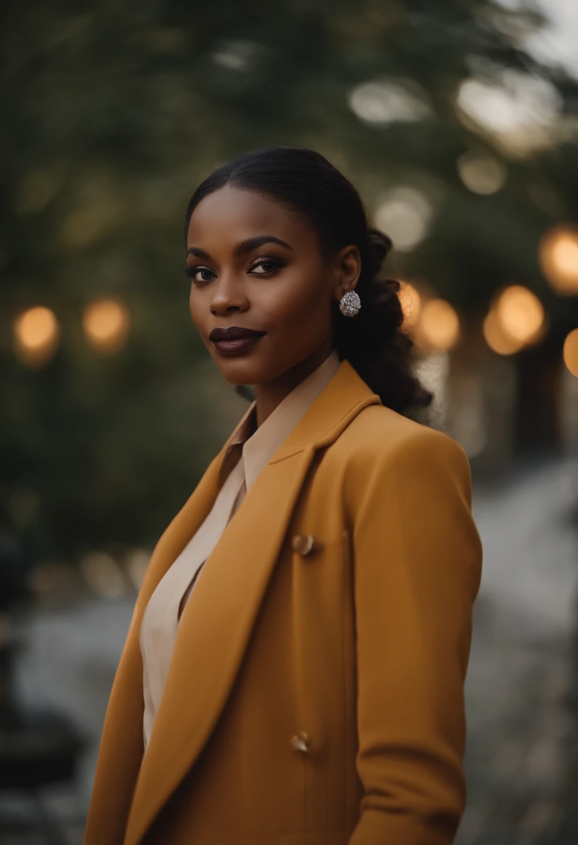 This young black woman presents a spellbinding charm on screen. She wears a costum jacket that combines elegance, dans une teinte de couleur distinctive qui attire l'attention. His on-screen presence exudes a natural confidence and aura that sets him apart, This makes him a remarkable figure in the world of television. Avec des posture latterale