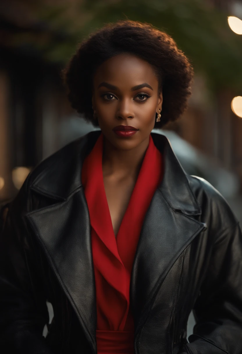 This young black woman presents a spellbinding charm on screen. She wears a costum jacket that combines elegance, dans une teinte de couleur distinctive qui attire l'attention. His on-screen presence exudes a natural confidence and aura that sets him apart, This makes him a remarkable figure in the world of television. Avec des posture latterale