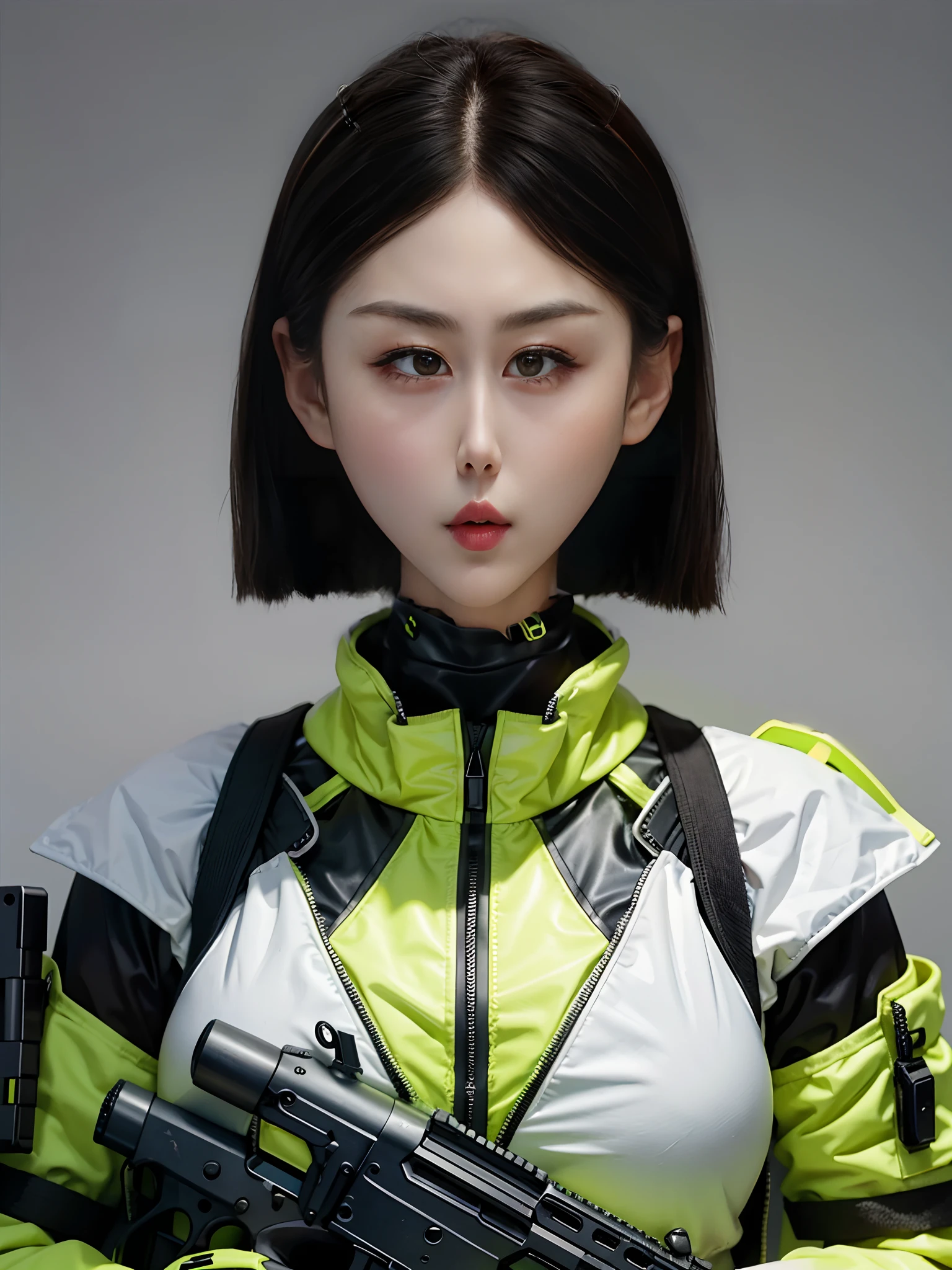 A beautiful woman,Wearing a fluorescent yellow mech,bulletproof vest,Holding an AK47,little breast,cyber punk perssonage,greybackground