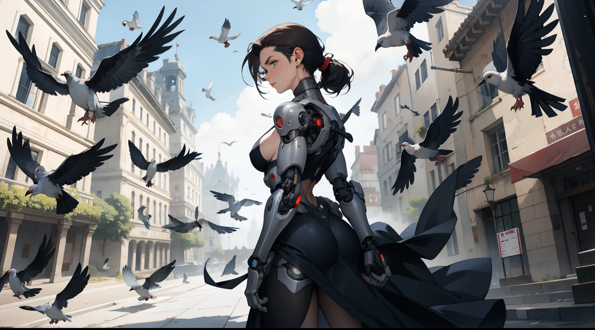 full of pigeons following a cyborg woman