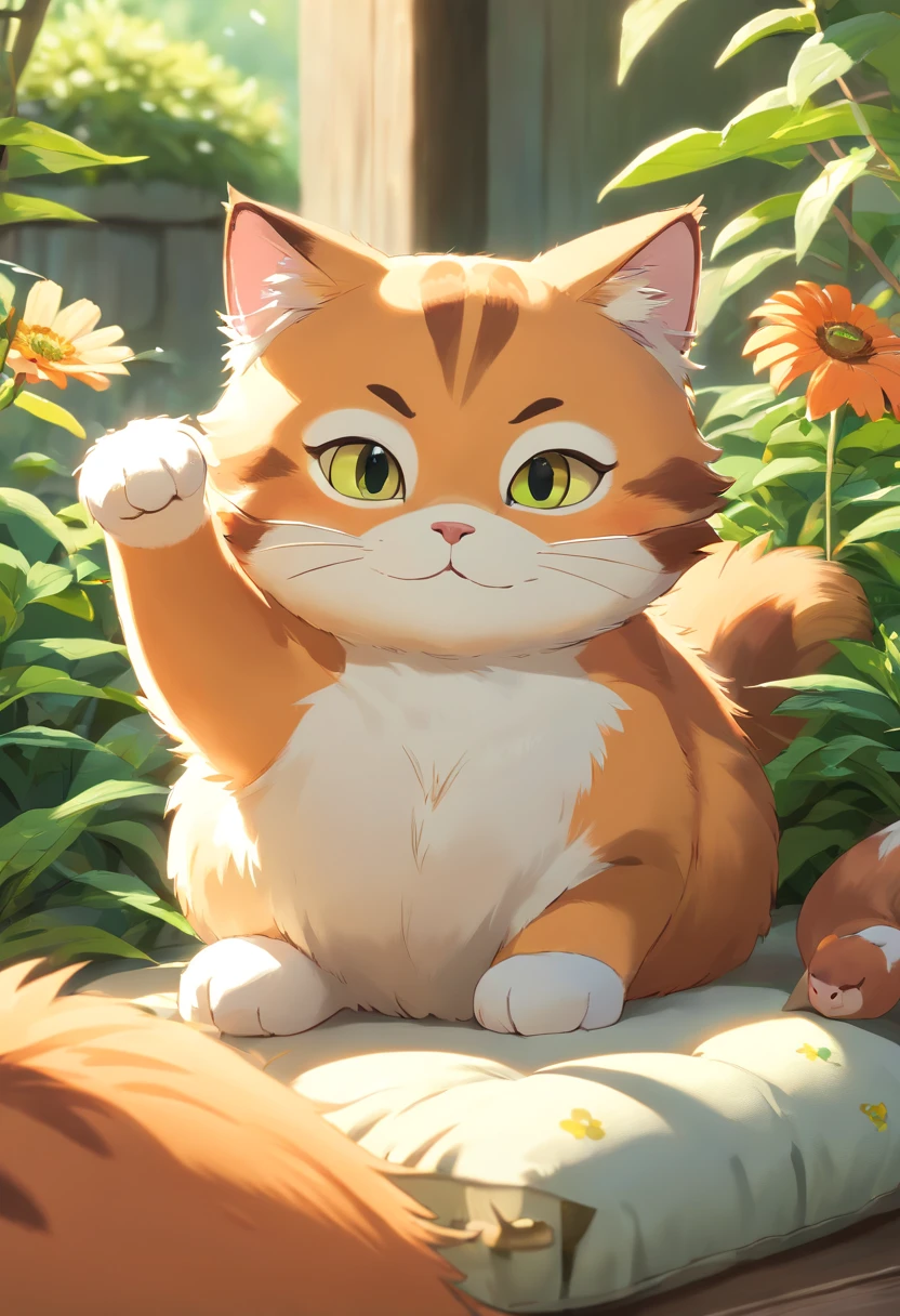 (best quality,4k,8k,highres,masterpiece:1.2),ultra-detailed,(realistic,photorealistic,photo-realistic:1.37),orange fat cats,gorgeous fur texture,big round eyes,cute button nose,playful expressions,curled tails,fluffy paws,stretching lazily,colorful and vibrant,filled with sunlight,stunning lighting effects,adorable chubby cheeks,cat toys scattered around,happy and contented cats,resting on a soft cushion,basking in the warm glow,whiskers twitching,delightful details,sharp focus,beautifully captured moments,calm and tranquil atmosphere,peaceful garden setting,lush green plants and flowers,butterflies dancing in the air,serene and peaceful,blissful scene,majestic shadows,playful kittens exploring their surroundings.