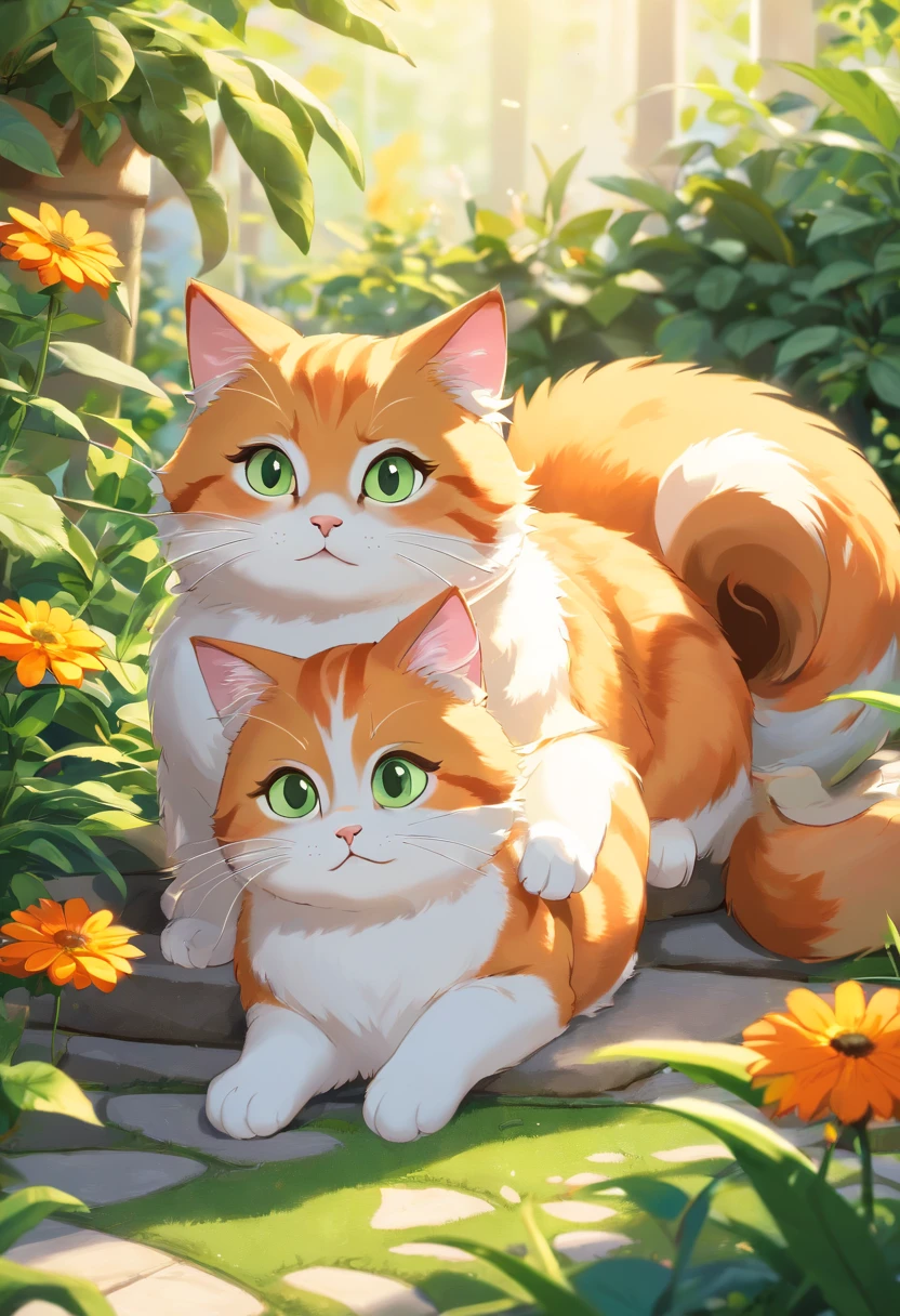 (best quality,4k,8k,highres,masterpiece:1.2),ultra-detailed,(realistic,photorealistic,photo-realistic:1.37),orange fat cats,gorgeous fur texture,big round eyes,cute button nose,playful expressions,curled tails,fluffy paws,stretching lazily,colorful and vibrant,filled with sunlight,stunning lighting effects,adorable chubby cheeks,cat toys scattered around,happy and contented cats,resting on a soft cushion,basking in the warm glow,whiskers twitching,delightful details,sharp focus,beautifully captured moments,calm and tranquil atmosphere,peaceful garden setting,lush green plants and flowers,butterflies dancing in the air,serene and peaceful,blissful scene,majestic shadows,playful kittens exploring their surroundings.