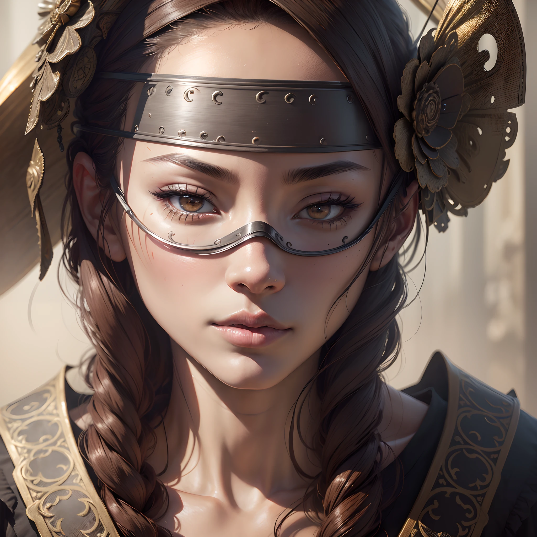 (masutepiece, epic quality, 8K resolution, magnificent realism, epic detail:1.2), Woman in blind mask, Complex and complex background, Epic beautiful and aesthetic, Fog, Intricate details, (Natura Lips, Natural Skin Texture, Natural hair:1.1), Photorealism, Hyper-Realism, Sharp Focus, nffsw,