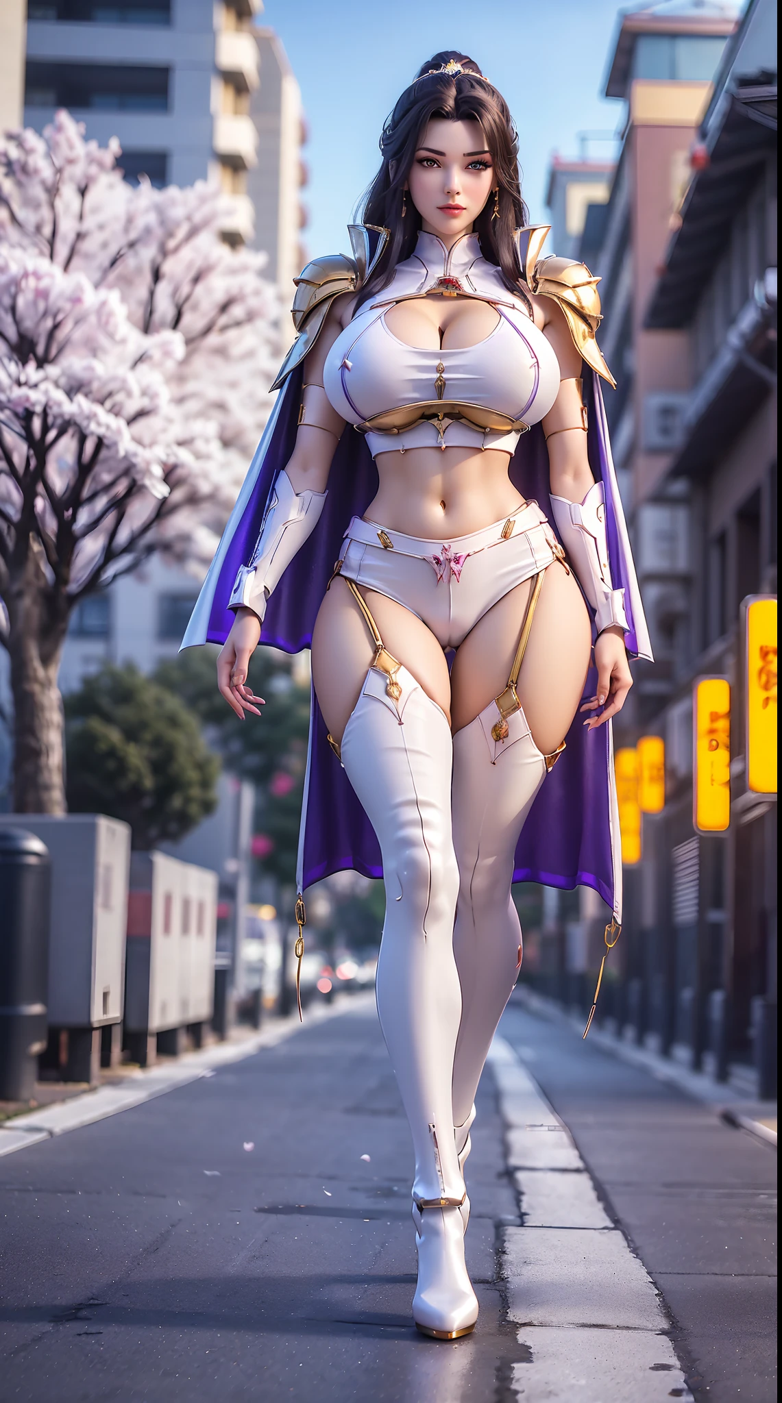 1GIRL, SOLO, (ssmile, makeup, beautifull eyes, red libs, black hair, gold dragon helm), (HUGE BOOBS:1.4), (MECHA GUARD ARM, GLOVES), (white, purple, GIRL IN MECHA CYBER ARMOR CROP TOP, ROYAL CAPE, CLEAVAGE, SKINTIGHT HOTPANTS, HIGH HEELS:1.4), (SLENDER BODY, SEXY LONG LEGS, FULL BODY:1.5), (MUSCLE ABS:1.2), (LOOKING AT VIEWER:1), (WALKING DOWN ON STREET NIGHT CHERRY TREES:1.3), PHYSICALLY-BASED RENDERING, ULTRA HIGHT DEFINITION, 8K, 1080P.