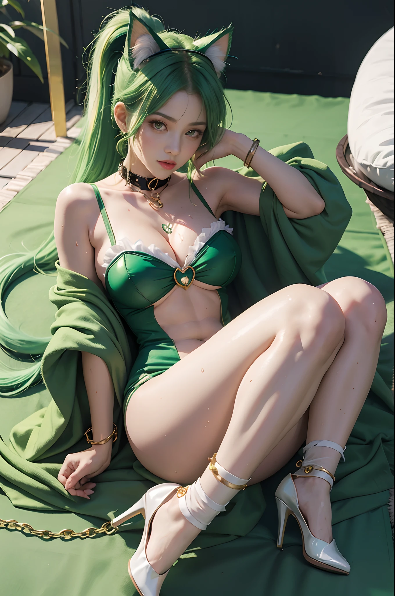 Woman body set big breasts,Green Sailor Moon sailor suit,Green-colored hair,High ponytail,White stockings,Wet with sweat,beauitful face,Collar with chain,cat ear decorations,a cat tail,high-heels,Expose the armpits