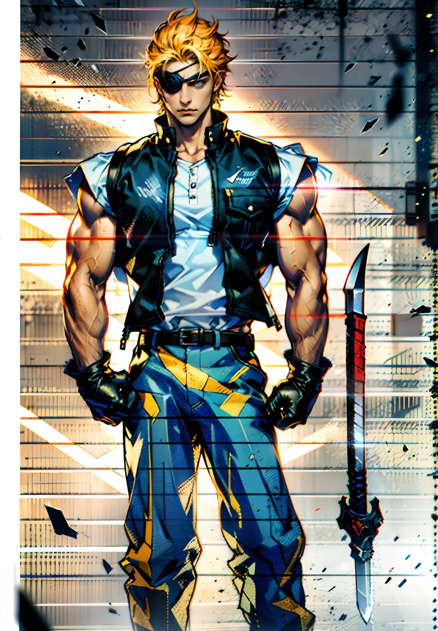 A young man with short golden hair, hair standing upright, right-eyepatch, a serious expression, a deep gaze, well-defined facial features, a two-piece sleeveless vest in a fantasy-modern style, color scheme primarily features shades of orange-red, with yellow and blue as secondary colors, wears gloves, loose-fitting utility pants, a long straight sword with a demon face decoration, the background depicts a cracked land, with rubble floating in the air, this character embodies a finely crafted fantasy-realism style one-eyed warrior in anime style, characterized by an exquisite and mature manga illustration art style, ghigh definition, best quality, highres, ultra-detailed, ultra-fine painting, extremely delicate, professional, anatomically correct, symmetrical face, extremely detailed eyes and face, high quality eyes, creativity, RAW photo, UHD, 8k, Natural light, cinematic lighting, masterpiece:1.5