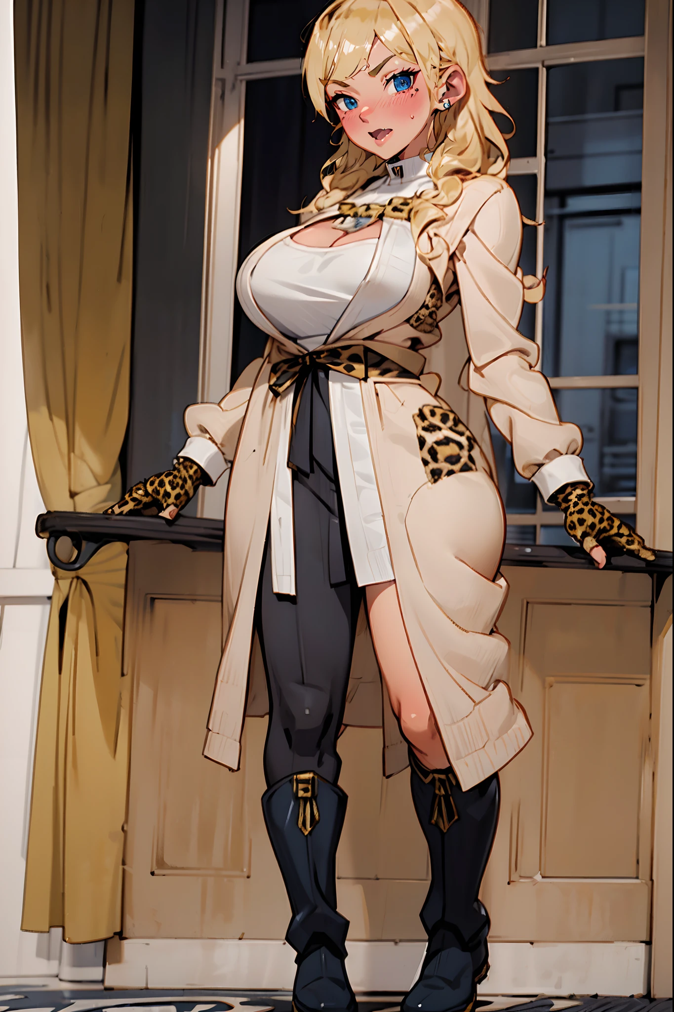 blond hair, blue eyes, gyaru,blush,fang,big breast, wizard cloths, shocked, leopard skin cloths, standing, full body, boots