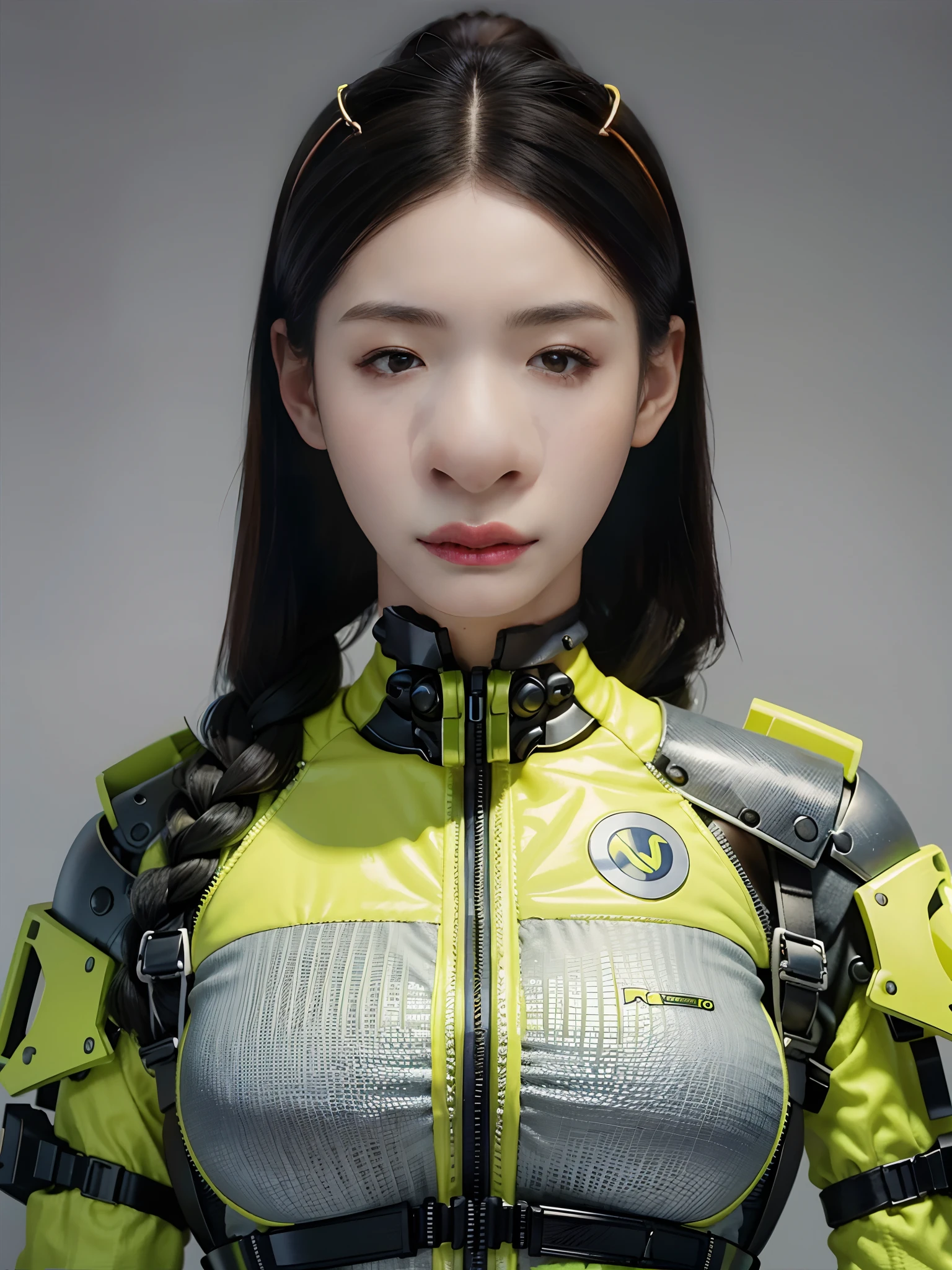 A beautiful woman,Wearing fluorescent lemon yellow and modiran mechs,bulletproof vest,Twist braids,little breast,cyber punk perssonage,greybackground