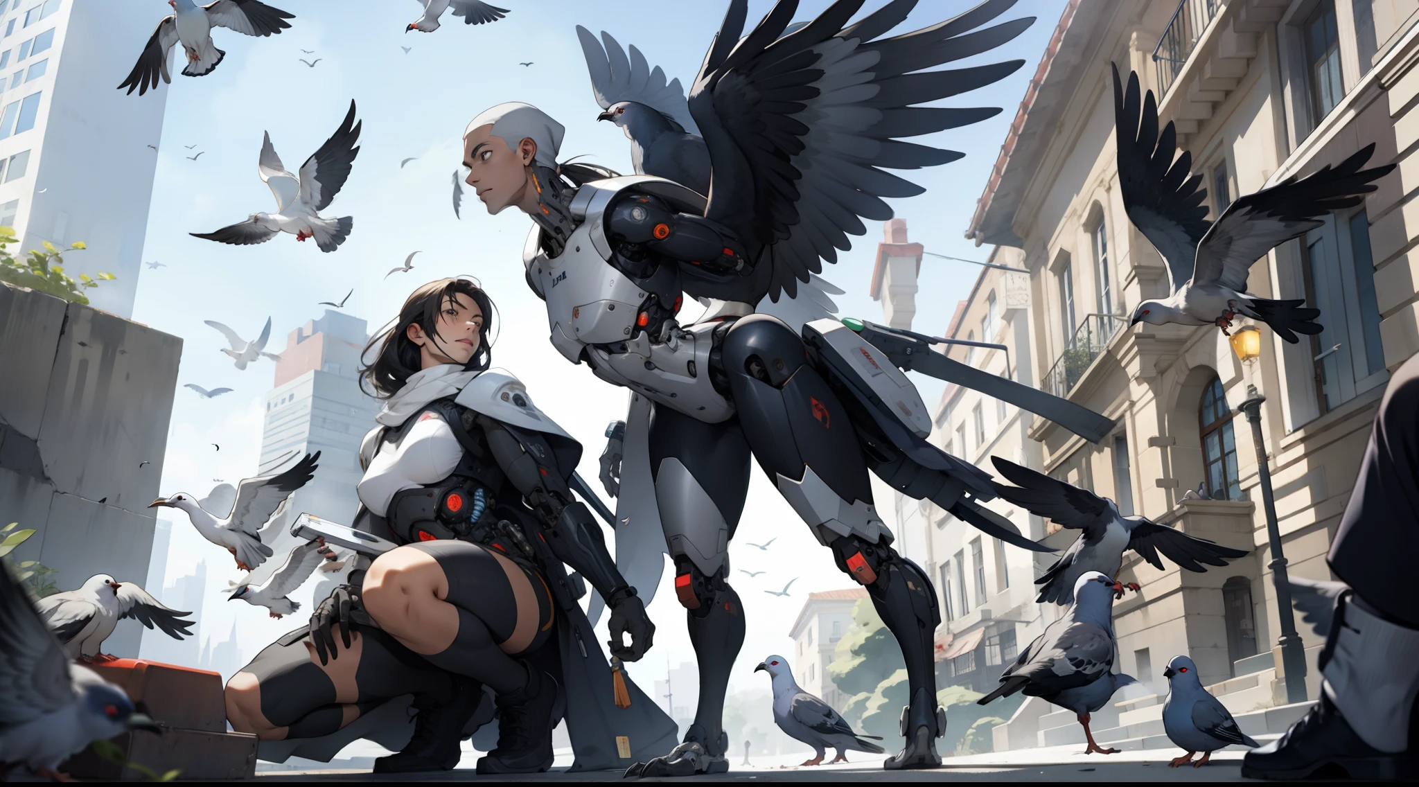 full of pigeons following a cyborg woman