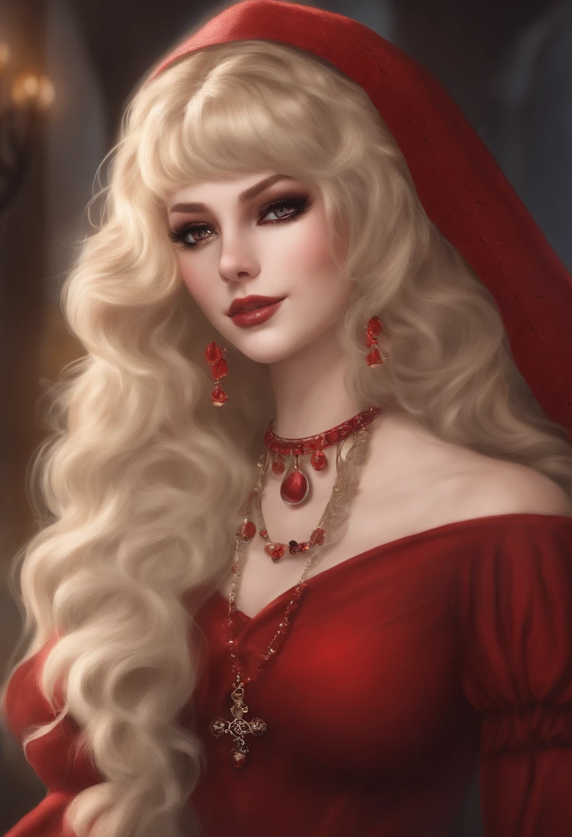 ((1girl)) She has a cruel smile and her eyes are squinted.
- Hairstyle: She has blonde short curly hair and fluffy bangs.
- Outfit: She is wearing a red tunic, a black scapular, and a black hood.
- Color: She has a dark color scheme of red and black.
- Accessory: She has red nails and rings, but some of them are stained with blood.
- Makeup: She has red or black eyeshadow around her eyes and does not have tear bags. She has thick eyeliner and makes her eyes look sharp. She has black mascara and dense eyelashes. She has dark colored contact lenses such as red or black. She has red or brown lipstick and applies it richly.
- Pose: She rests her hand on her chin and looks down with arrogance.