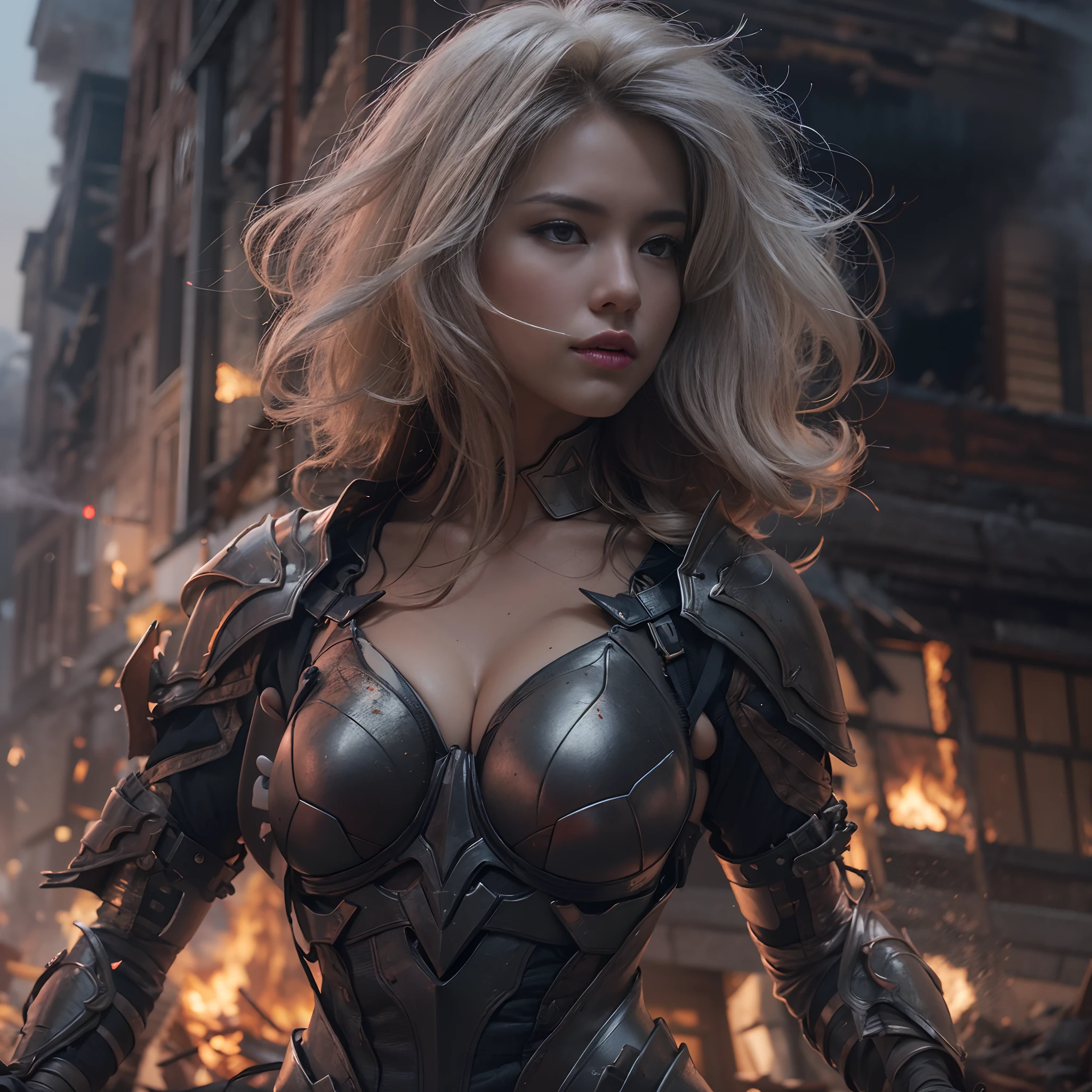 8k, top-quality, （pubic hair beauty）、hight resolution, realisticlying, realperson, A hero wearing glowing armor fighting black smoke and assimilated monsters、The hero is a woman in a building street where fire and smoke rise、The building is collapsing