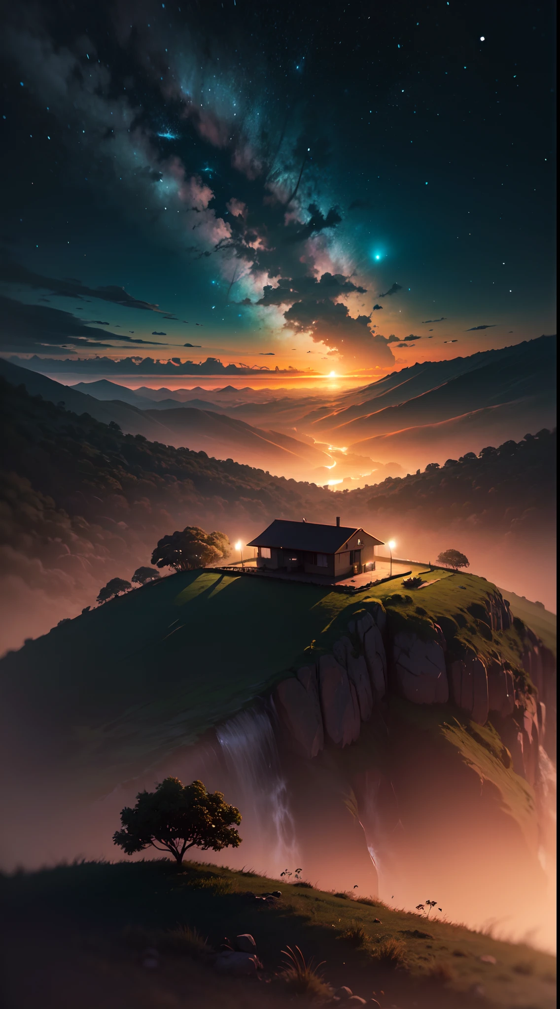 paisagem surreal, no campo, a noite, 8k. ultra hd, hdr 10 lua cheia