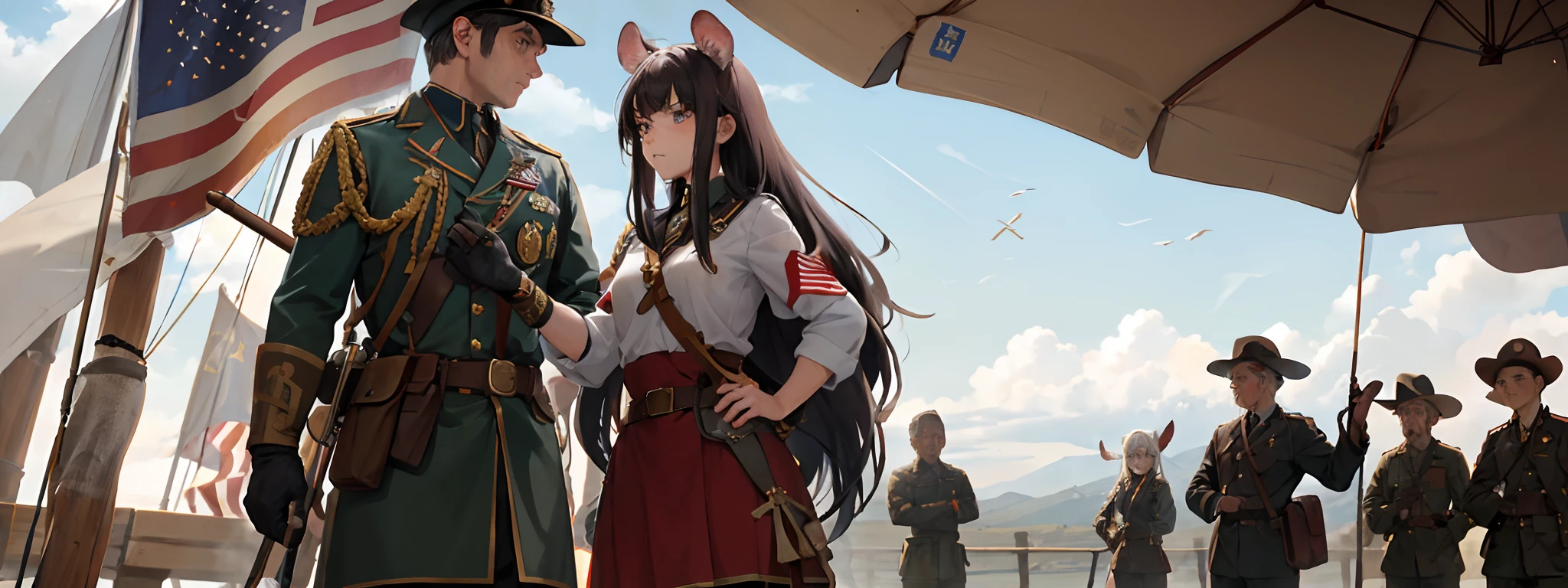 The rat girl is dressed，Jingo Iron Horse，Hand shake the flag，Serve in the army