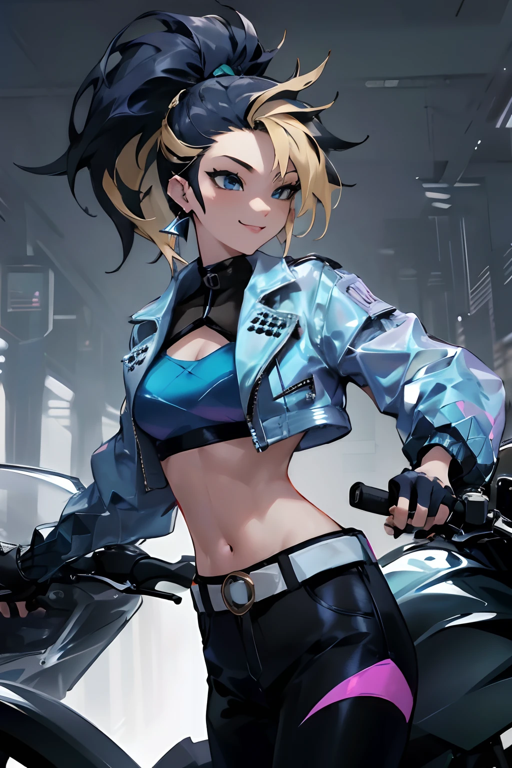 masterpiece, best quality, highres, akali, 1girl, k/da \(league of legends\), solo, (black hair:1.1), blonde hair, (multicolored hair:1.1), jewelry, fingerless gloves, cropped jacket, midriff, earrings, two-tone hair, open jacket, black gloves, black pants, crop top, blue eyes, belt buckle, ponytail, smile, motorcycle, outdoors,