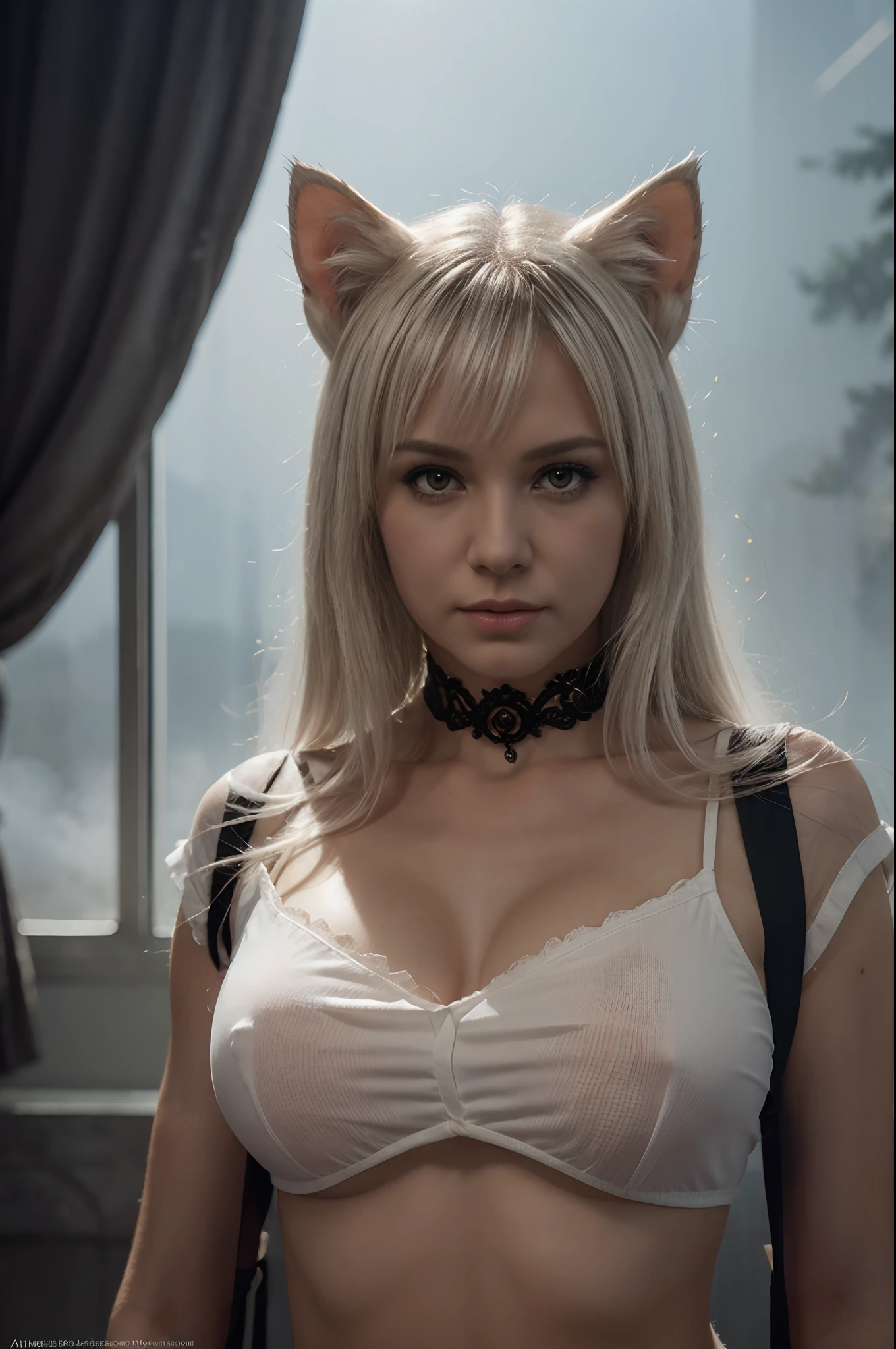 cinematic, rose, fluffy white cat, animal focus, white rose, no humans, whiskers, looking at viewer, cat ears, against the background of roses and fog, highly detailed, intricate, artstation, by anne stokes and giger, by boris vallejo