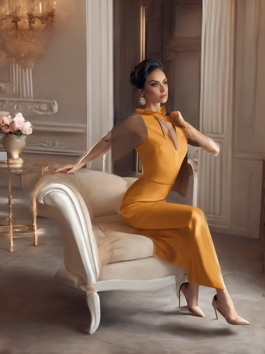 Woman in a sitting position, morena, seen from behind, The color scheme is bright, Vintage & Retro Style, Winter & Snow