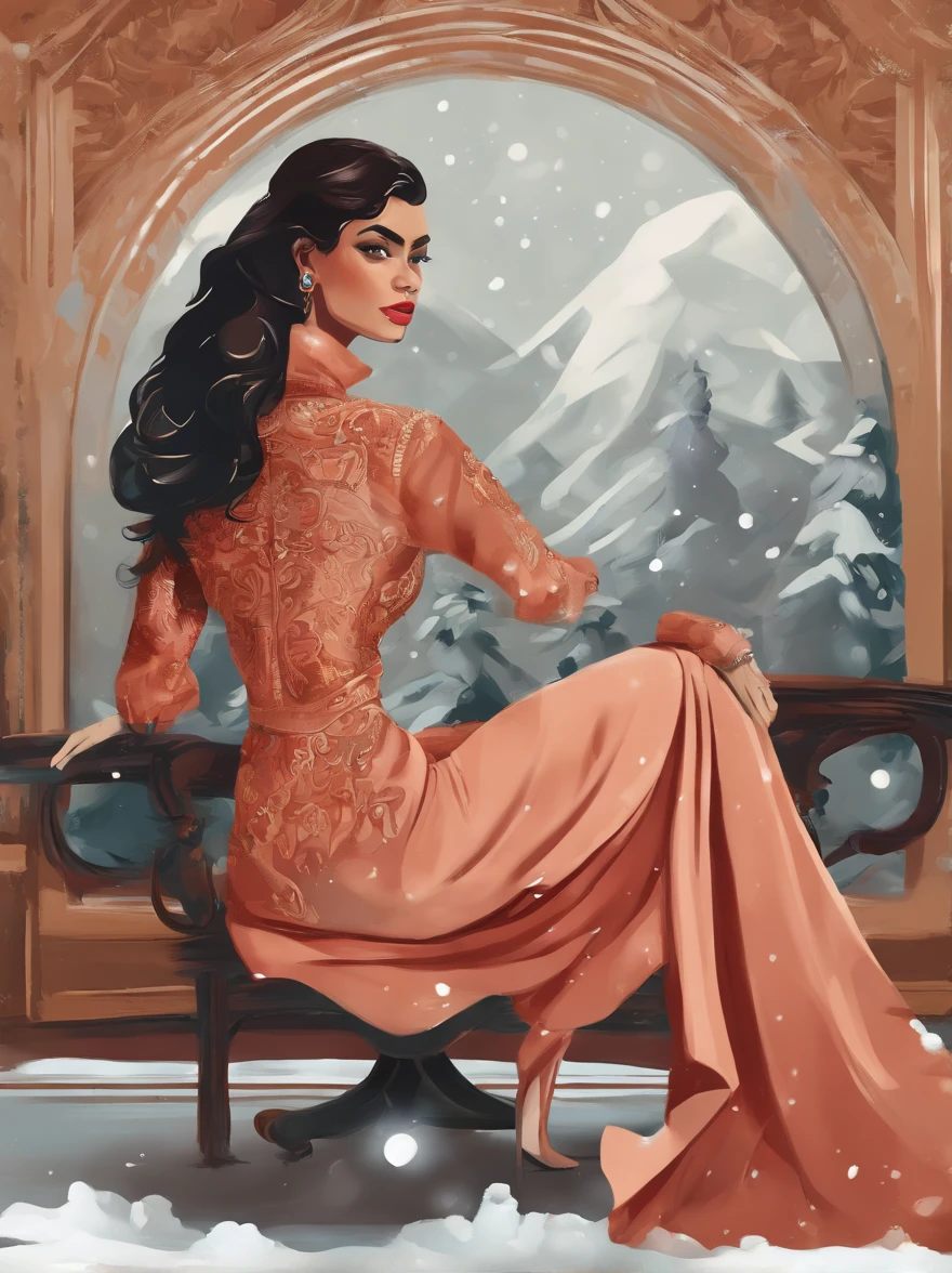 Woman in a sitting position, morena, seen from behind, The color scheme is bright, Vintage & Retro Style, Winter & Snow