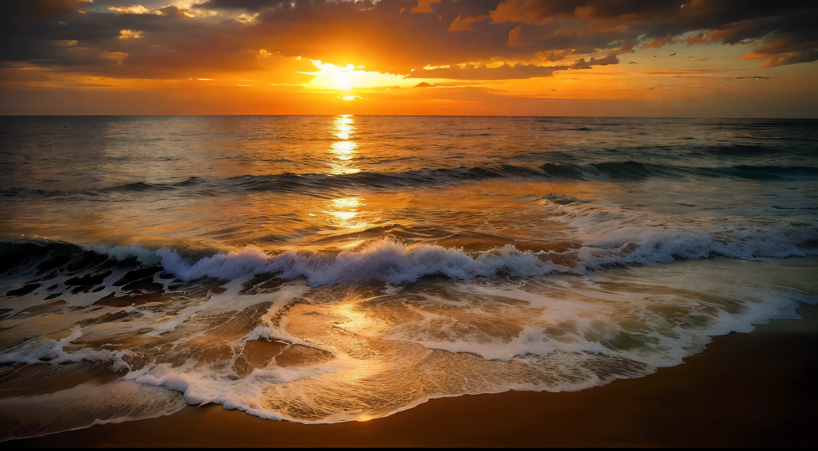An absolutely mesmerizing sunset over the beach, with a blend of oranges, pinks, and yellows filling the sky. Crystal-clear waters of the sea gently kissing the shore, with sandy white beach stretching far and wide. The scene is dynamic and breathtaking, with seagulls soaring high in the sky and gently swaying palm trees. Take in the calming atmosphere and let the peacefulness wash over you.
