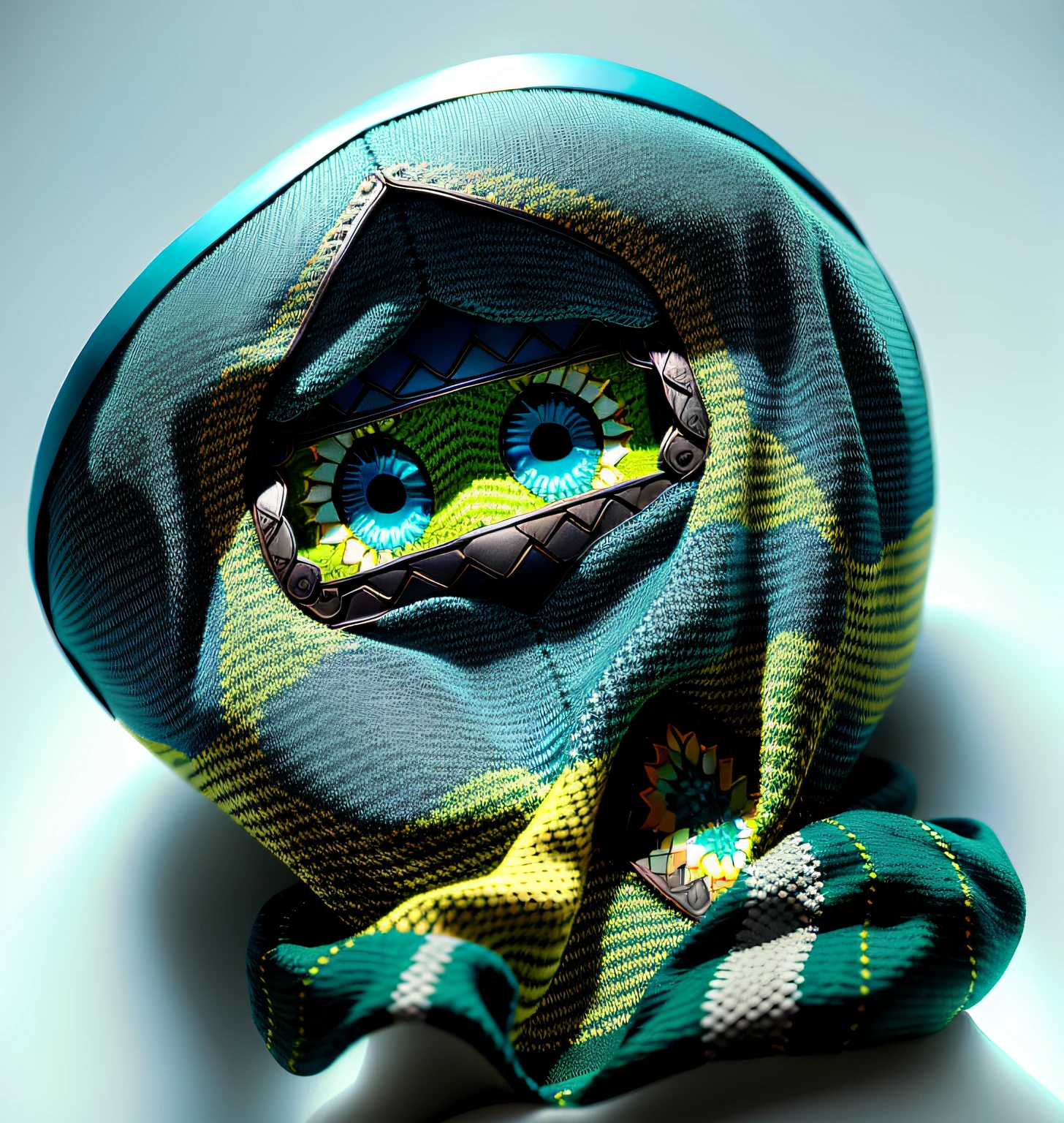 Green knitted balaclava、The coat is realistic.、lineage、Rias、Eyes sparkle、Embroidery thread in yellow color、Light is shining、In the background, a Japan 10,000 yen bill is dancing.、Japanese、3D