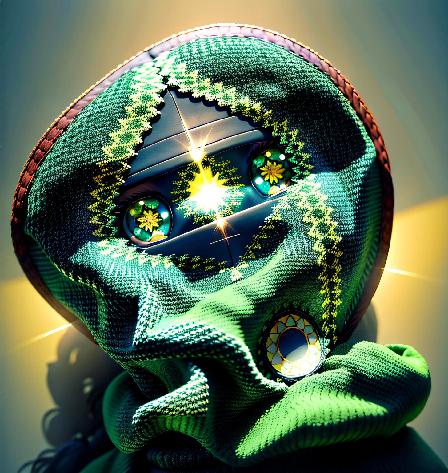 Green knitted balaclava、The coat is realistic.、lineage、Rias、Eyes sparkle、Embroidery thread in yellow color、Light is shining、In the background, a Japan 10,000 yen bill is dancing.、Japanese、3D