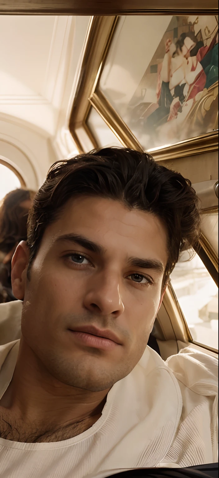 Michele Morrone lookalike face,
A young man,Handsome,well-muscled,Hairy body,white sock,Ultra-thin tights(Detailed eyes:1.3),Naked topless,Nudity Everywhere,Blue eyes,massive bulge,Black hairs protruding from the bulge, full body Esbian,Character sitting on a chair with arms raised, black hair (short classy hair,), Nice Pose, Handsome man, Pretty Face, royal elegant pose, businessman, (In a striped blazer), (The surrounding environment is a luxurious and classic living room) (Sandtone imagery) ultra realistic, royalty prince looking, old money aesthetic, Italian looking, Joel Kinnaman lookalike, classy suit, Rolex, classic car in the background, royalty looking, wearing Ralph Lauren suit, Raoul Bova face lookalike, Italian luxury country mansion in the background