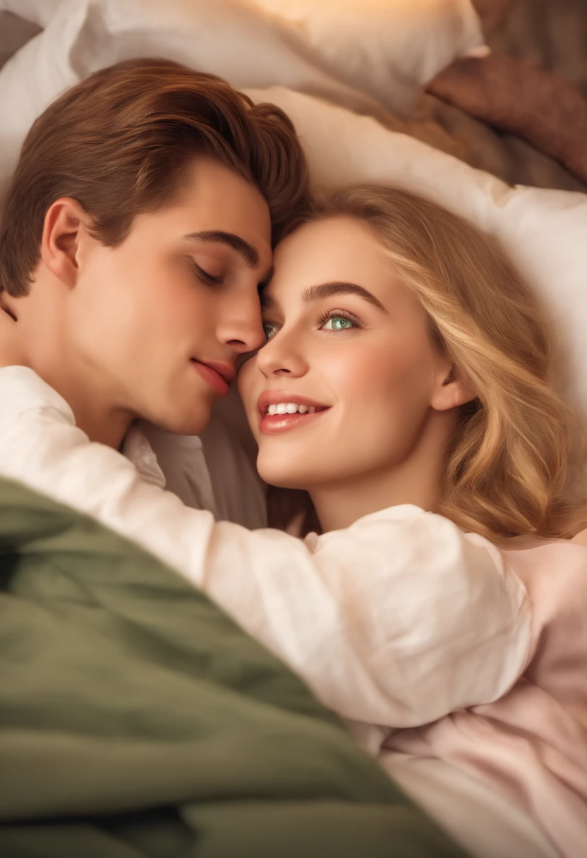 age boy with brown hair and green eyes playfully flips a teengirl blonde hazel eyes onto a bed. The girl is wearing a bra and his jacket. The boy's face is adorned with lipstick marks. The scene is depicted in a medium of digital illustration, with vivid colors and ultra-detailed rendering. The lighting is soft and romantic, accentuating the playful atmosphere. The overall image quality is of the highest standard, with a resolution of 4K, bringing out every minute detail. The composition focuses on capturing the dynamic movement of the boy flipping the girl onto the bed, showcasing their youthful energy and affection. The moment is filled with a sense of joy and intimacy, portraying the excitement and playfulness of young love.realistic