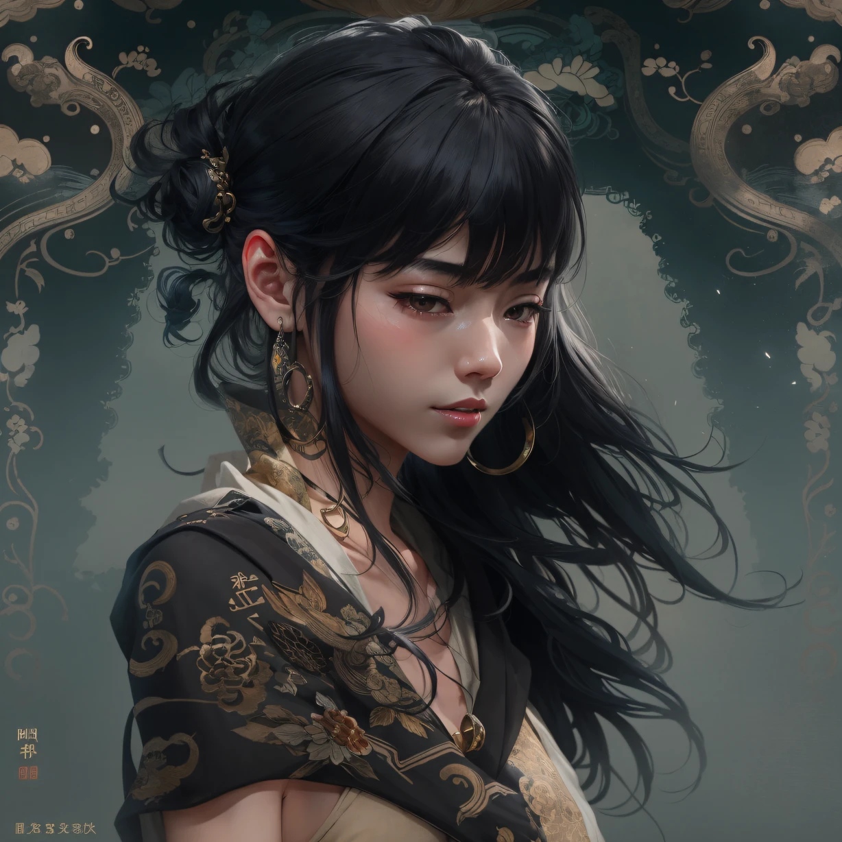 Side 32K,exteriors,Roof,People are small(tmasterpiece,k hd,hyper HD,32K)Long flowing glossy black hair,Tang dynasty complex,zydink, a color,mid afternoon(canyons), (Linen batik scarf), Combat posture, looking at the ground, Linen bandana, Chinese python pattern long-sleeved garment, Morning(Abstract gouache splash:1.2), Dark clouds lightning background,sprinkling(realisticlying:1.4),Black color hair,The dust is blowing,Background fog, A high resolution, the detail, RAW photogr, Sharp Re, Nikon D850 Film Stock Photo by Jefferies Lee 4 Kodak Portra 400 Camera F1.6 shots, Rich colors, ultra-realistic vivid textures, Dramatic lighting, Unreal Engine Art Station Trend, cinestir 800,Flowing and shiny black hair,(((National style building)))Full-body side