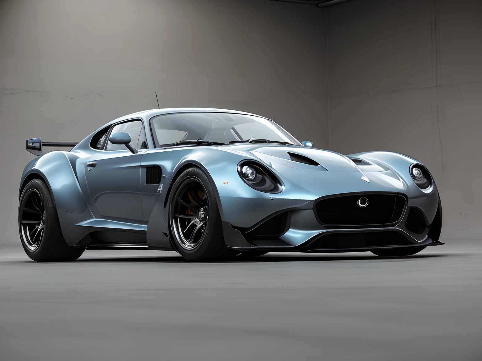 "A cutting-edge, aerodynamic sport car with a nod to the past. The car embodies the look of a classic 1950s vehicle with modern futuristic details. Its sleek body has a metallic finish that glistens in the sun and is accented by chrome trim and gullwing doors. The glossy exterior is highlighted with neon lights that glow in the dark. The vehicle is built for high-speed performance, featuring a streamlined design and wide tires that grip the road. This is a car that can turn heads and demand attention."