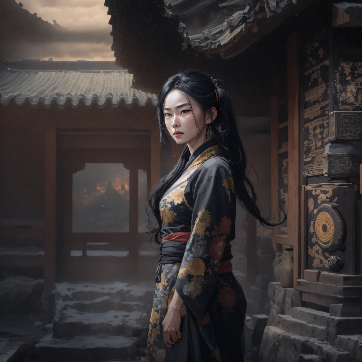 Side 32K，exteriors，Roof，People are small（tmasterpiece，k hd，hyper HD，32K）Long flowing glossy black hair，Tang dynasty complex，zydink， a color，mid afternoon（canyons）， （Linen batik scarf）， Combat posture， looking at the ground， Linen bandana， Chinese python pattern long-sleeved garment， Morning（Abstract gouache splash：1.2）， Dark clouds lightning background，sprinkling（realisticlying：1.4），Black color hair，The dust is blowing，Background fog， A high resolution， the detail， RAW photogr， Sharp Re， Nikon D850 Film Stock Photo by Jefferies Lee 4 Kodak Portra 400 Camera F1.6 shots, Rich colors, ultra-realistic vivid textures, Dramatic lighting, Unreal Engine Art Station Trend, cinestir 800，Flowing and shiny black hair,（（（National style building）））Full-body side