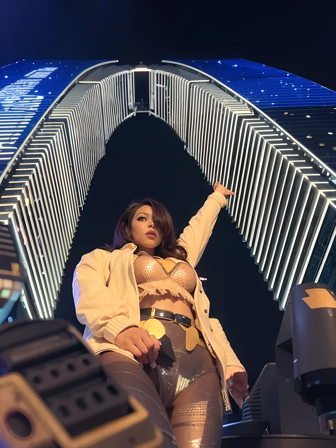 A woman who is，posing in neo - tokyo futuristic, pictured from the shoulders up, standing on the roof of a skyscrapper