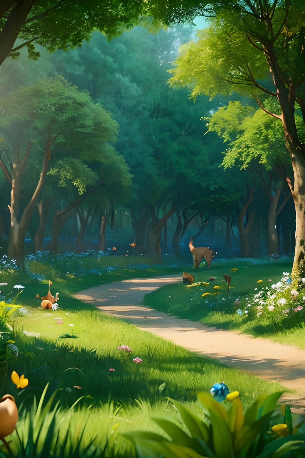 A dense forest，with blue sky and white clouds，A winding path leads to the end of the woods，There are a lot of cute little animals and elves playing in the forest，There is a clear stream next to the grass。down view，中景 the scene is，Close-up，The picture is consistent，Animation style