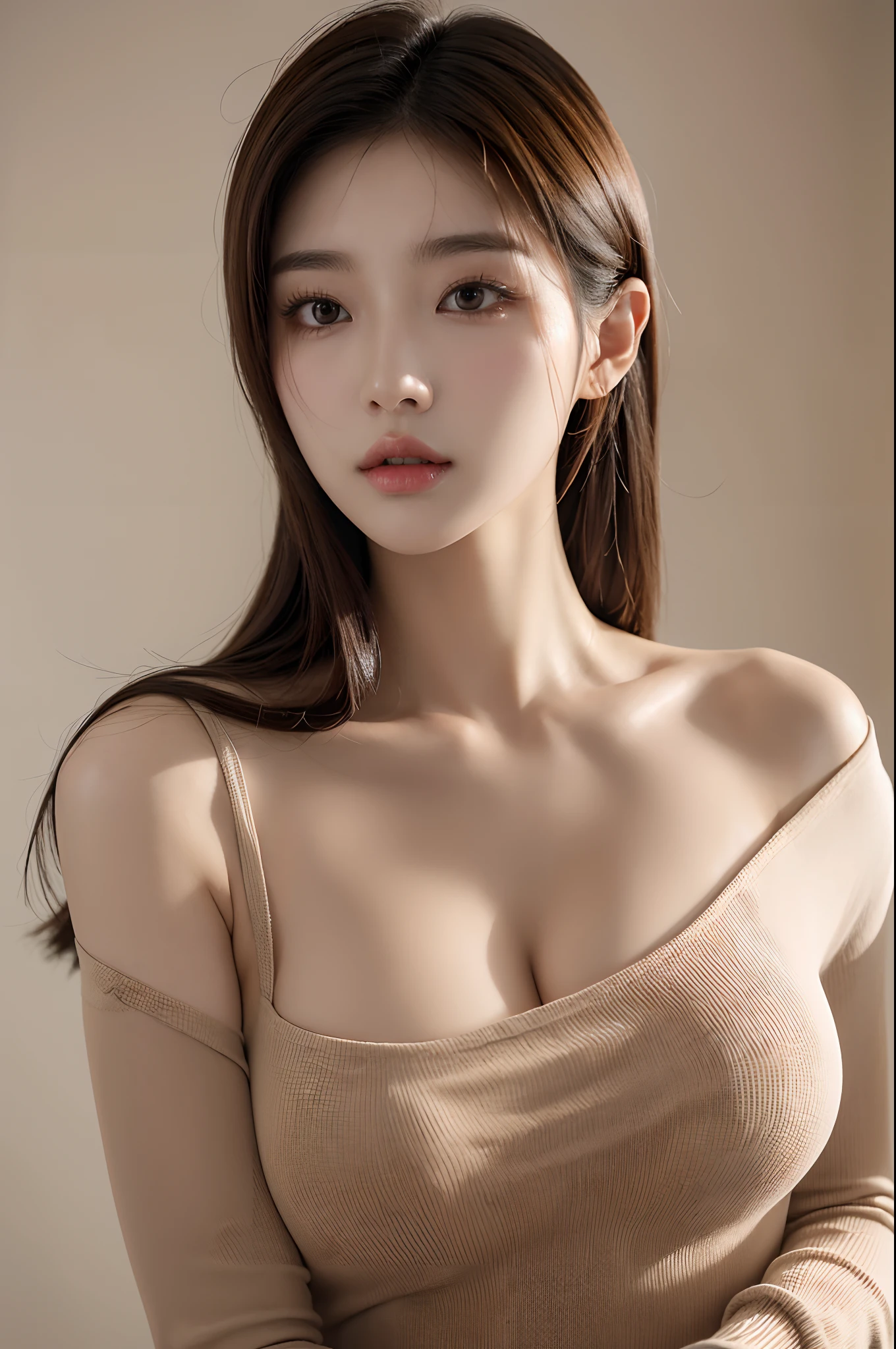 a 20 yo woman,korean beauty,kpop idol,big_breasts,perfect tits,absolute_cleavage,soothing tones,muted colors,high contrast,natural skin texture,hyperrealism,soft light,sharp,simple background,light brown hair,sexy outfit,hands holding each breasts,undercut