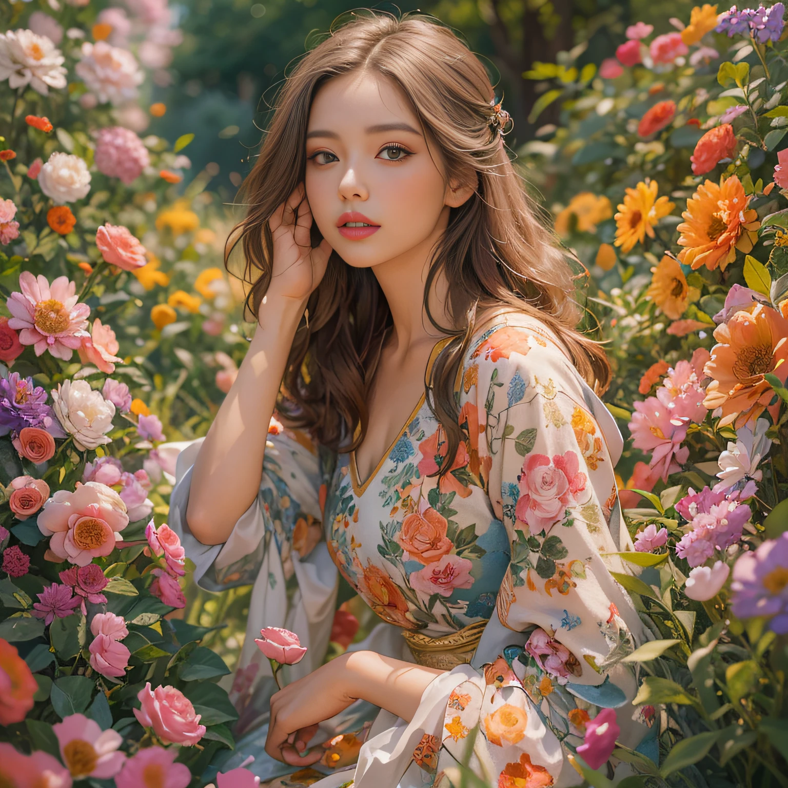 A detailed portrait of a beautiful girl with mesmerizing eyes and lips, set in a vibrant garden filled with blooming flowers. The girl is wearing a flowing dress that matches the colors of the surrounding flora. The illustration is created using a combination of traditional painting and digital rendering techniques, resulting in a medium that exudes both realism and artistic flair. The artwork is of the best quality, ensuring every intricate detail is captured, from the delicate strokes of the brush to the textures of the girl's flowing hair. The colors are vivid and vibrant, with a warm and inviting color tone that enhances the overall composition. The lighting is carefully crafted to illuminate the girl's face, casting soft shadows that add depth and dimension to the artwork. It is a masterpiece that showcases the beauty of the natural world and the captivating allure of a young woman in an enchanting garden.