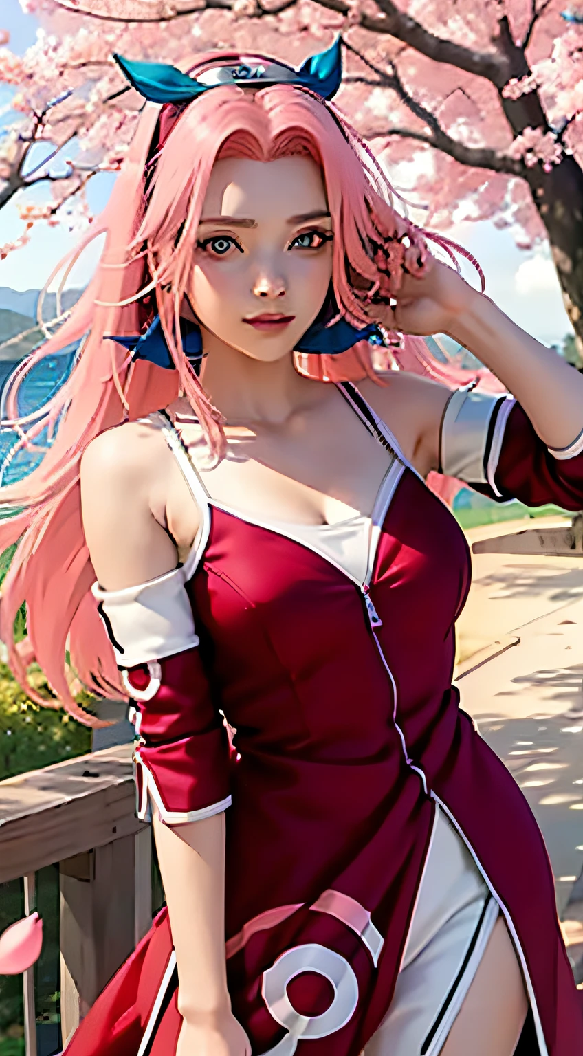tmasterpiece， Best quality at best， 1girll， Sakura Haruno， Large breasts，Off-the-shoulder attire，（cleavage)，（upperbody closeup)，Raised sexy，is shy，ssmile，with pink hair， long whitr hair， （Green eyeballs:1.4)， Forehead protection， the cherry trees，Cherry blossoms flying，Red clothes，Zipper half