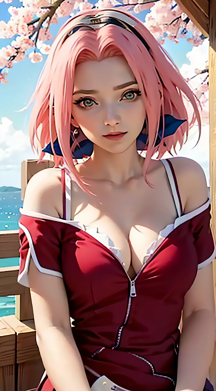 tmasterpiece, Best quality at best, 1girll, Sakura Haruno, Large breasts,Off-the-shoulder attire,(cleavage),(upperbody closeup),Raised sexy,is shy,ssmile,with pink hair, long whitr hair, (Green eyeballs:1.4), Forehead protection, the cherry trees,Cherry blossoms flying,Red clothes,Zipper half