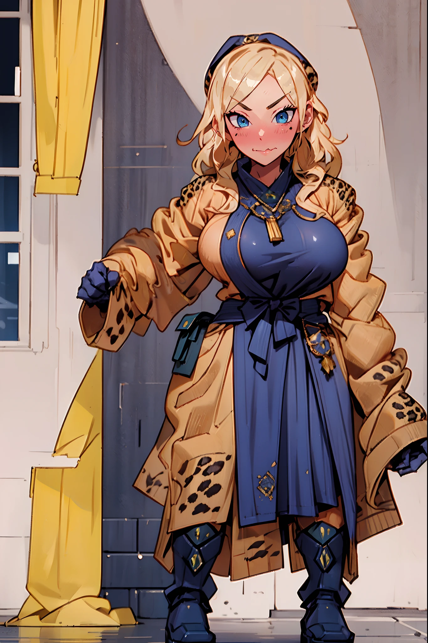 blond hair, blue eyes, gyaru,blush,fang,big breast, wizard cloths, shocked, leopard skin cloths, standing, full body, boots, midget, wizard tunic