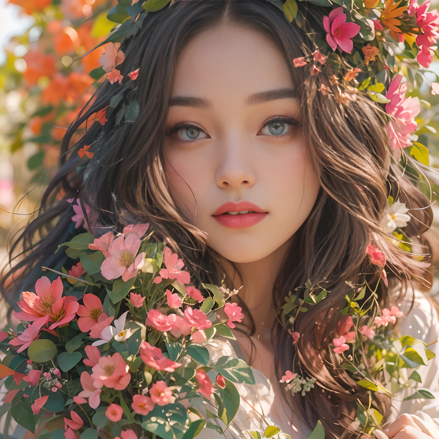 A detailed portrait of a beautiful girl with mesmerizing eyes and lips, set in a vibrant garden filled with blooming flowers. The girl is wearing a flowing dress that matches the colors of the surrounding flora. The illustration is created using a combination of traditional painting and digital rendering techniques, resulting in a medium that exudes both realism and artistic flair. The artwork is of the best quality, ensuring every intricate detail is captured, from the delicate strokes of the brush to the textures of the girl's flowing hair. The colors are vivid and vibrant, with a warm and inviting color tone that enhances the overall composition. The lighting is carefully crafted to illuminate the girl's face, casting soft shadows that add depth and dimension to the artwork. It is a masterpiece that showcases the beauty of the natural world and the captivating allure of a young woman in an enchanting garden.