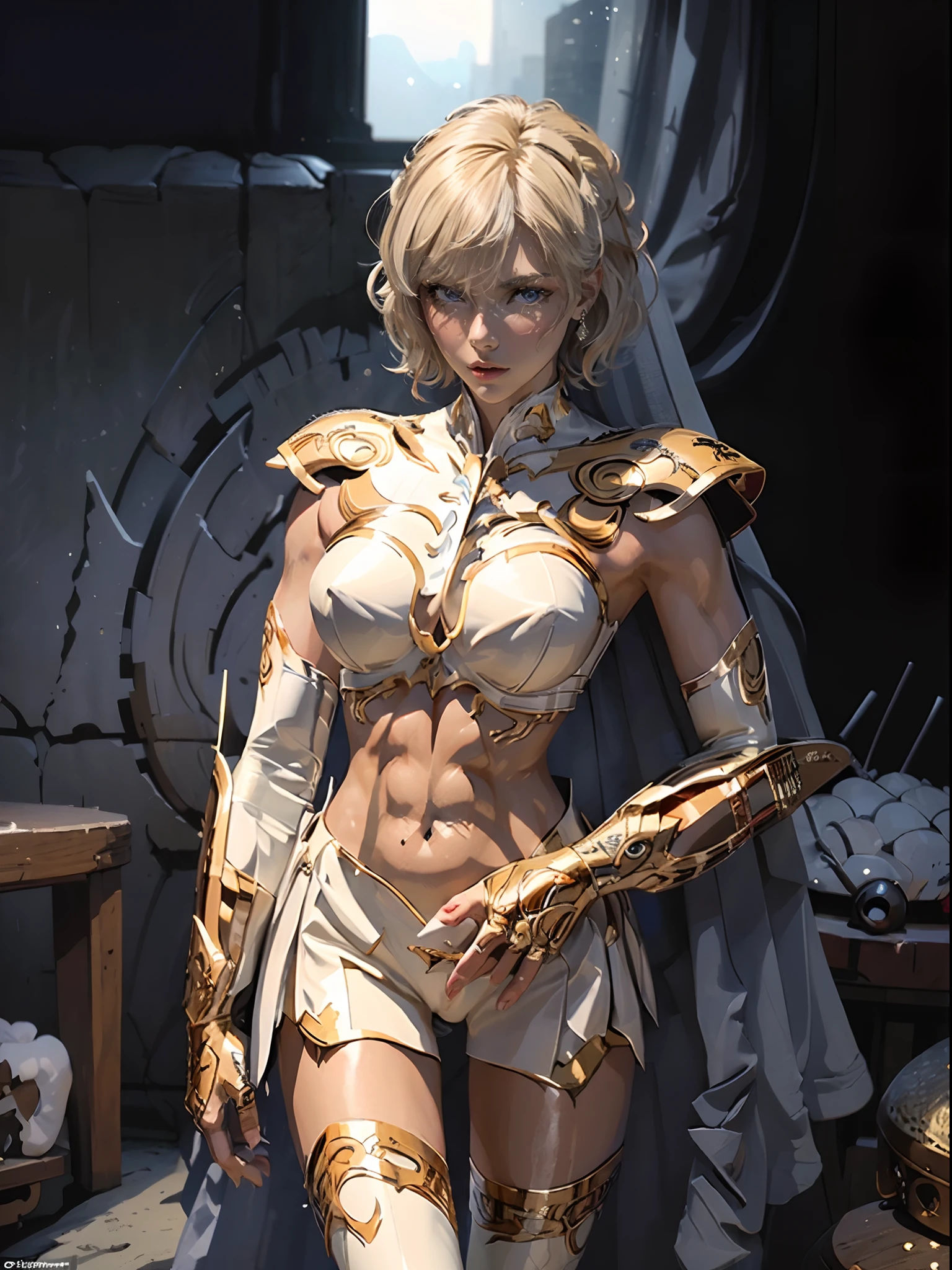 (((of the highest quality: 1.4))),(unparalleled masterpiece ever), (Ultra high definition),(Ultra realistic 8K CG), (((adult body))), (((1girl in))), ((( Shorthair ))), Gladiators with perfect bodies,,Beautiful and well-groomed face,muscular body:1.4,Detailed breastplate, gauntlets、is standing, (Image from head to thigh),(( White Blonde Shorthair )),, Simon Bisley's urban savage style,Detailed ancient Roman background,Clean abs, Complex equipment, Brewster、Blue stripe,,,,s Armor, Poison tattoo
