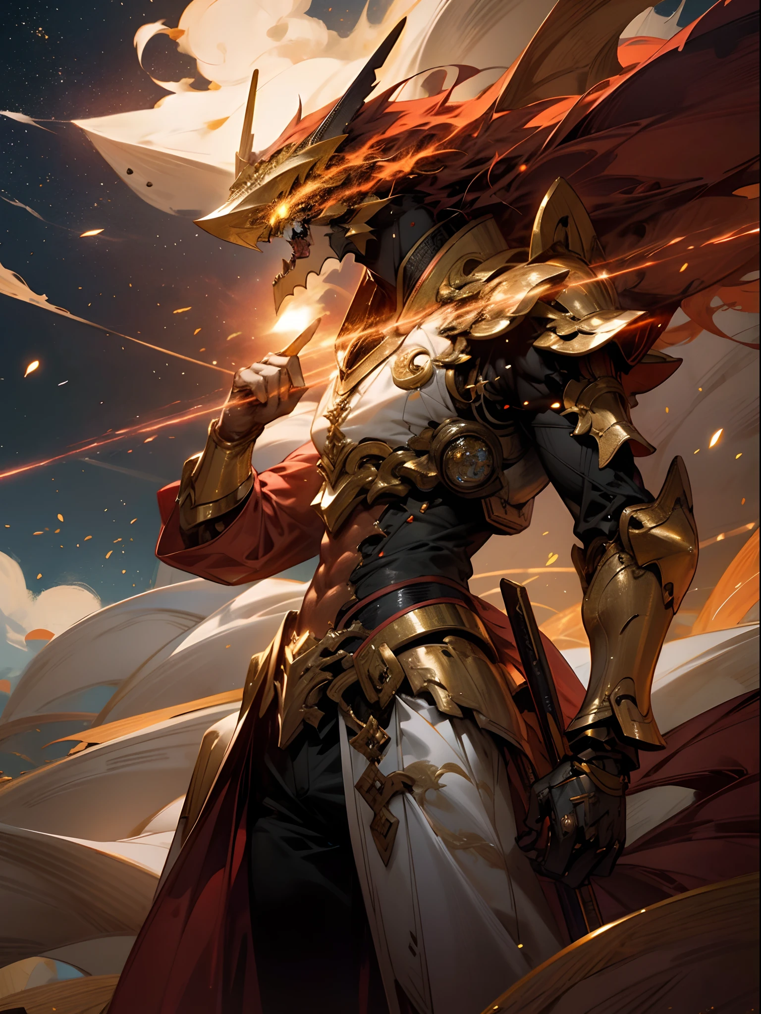（8K，tmasterpiece，best qualtiy），超高分辨率，（realisticlying：1.4），Flame Dragon Armor，Colored scales，Mecha covers the whole body，Machinary，Shining starry sky，Cloud，A detailed，ultra - detailed，sci-fy，Extremely fine，Golden runes，Particle effect，Focus，East Asian type，Golden dragon horn，（Magical Circle：1.2），stare into the distance