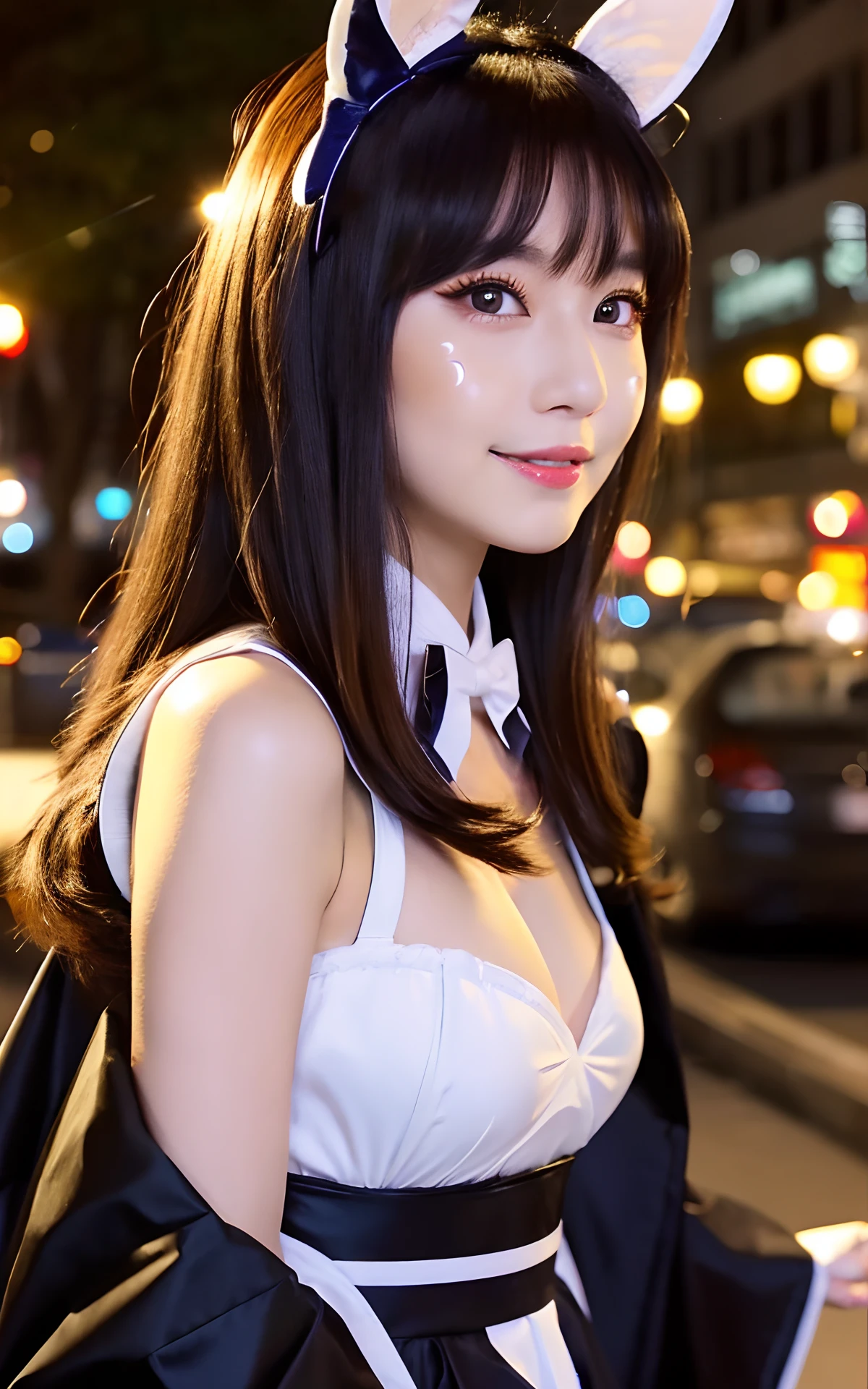 (Dressed in a French maid costume、One girl with slender small breasts and long hair with dull bangs:1.5)、(One girl looking up at the sky with a small smile :1.3)、(low  angle shot :1.5)、(Beautiful Full Moon:1.5)、(Perfect Anatomy:1.3)、(No mask:1.3)、(complete fingers:1.3)、Photorealsitic、Raw photography、masutepiece、top-quality、hight resolution、delicate and pretty、face perfect、Beautiful detailed eyes、Fair skin、Real Human Skin、pores、((thin legs))、(Dark hair)