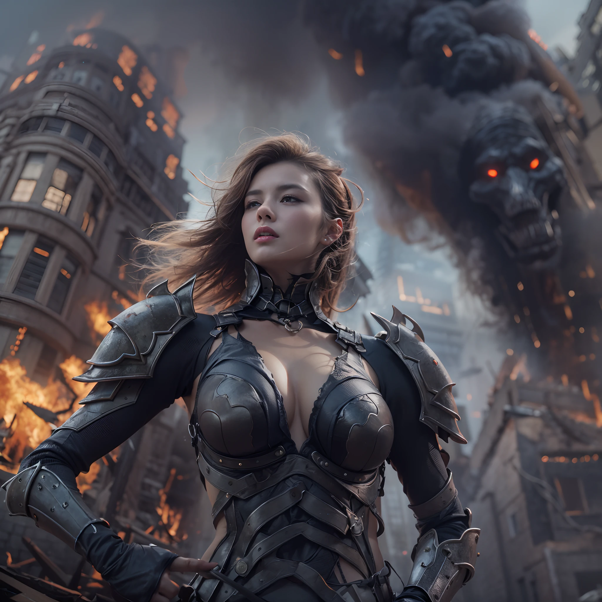 8k, top-quality, （pubic hair beauty）、hight resolution, realisticlying, realperson, A hero wearing glowing armor fighting black smoke and assimilated monsters、The hero is a woman in a building street where fire and smoke rise、The building is collapsing