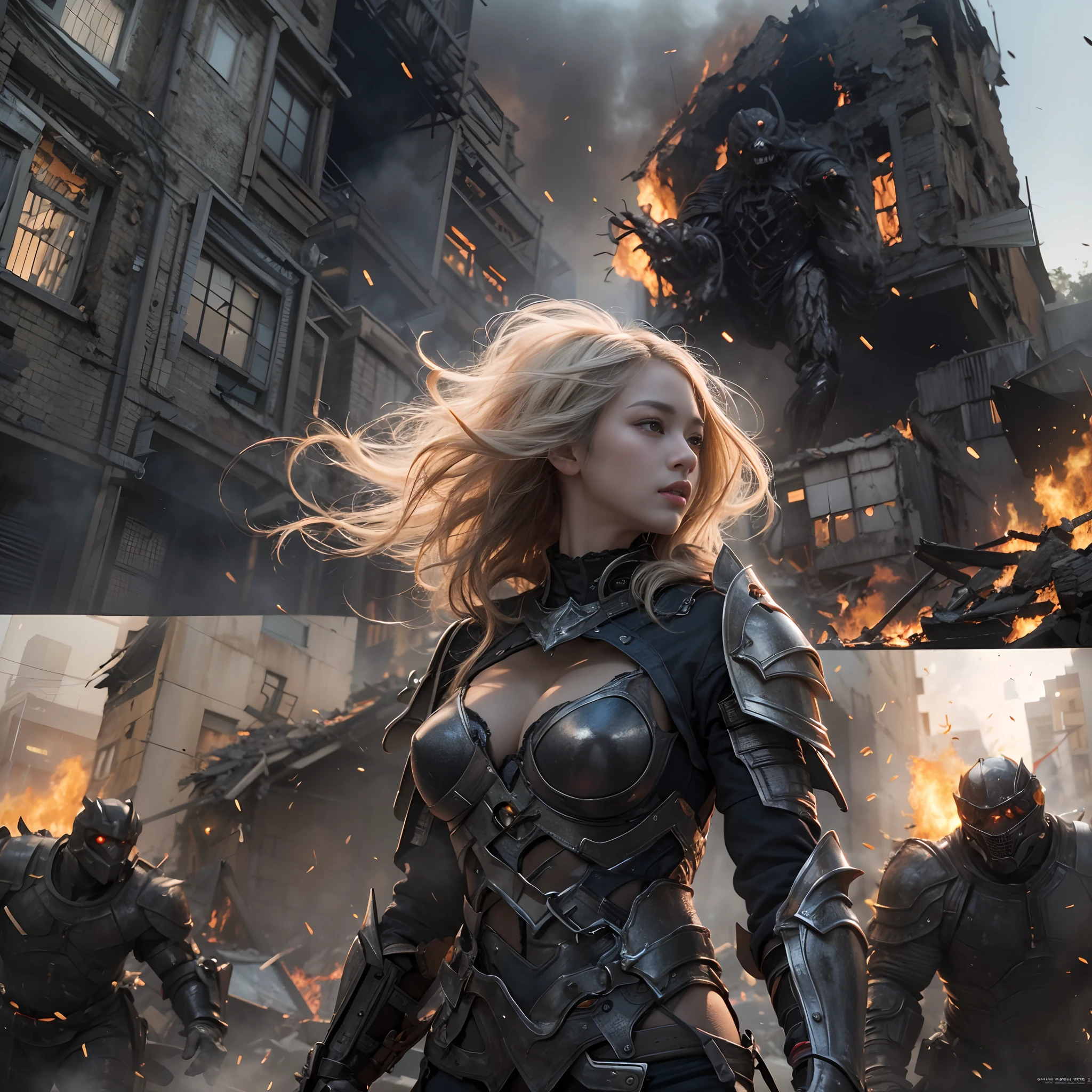 8k, top-quality, (pubic hair beauty)、hight resolution, realisticlying, realperson, A hero wearing glowing armor fighting black smoke and assimilated monsters、The hero is a woman in a building street where fire and smoke rise、The building is collapsing