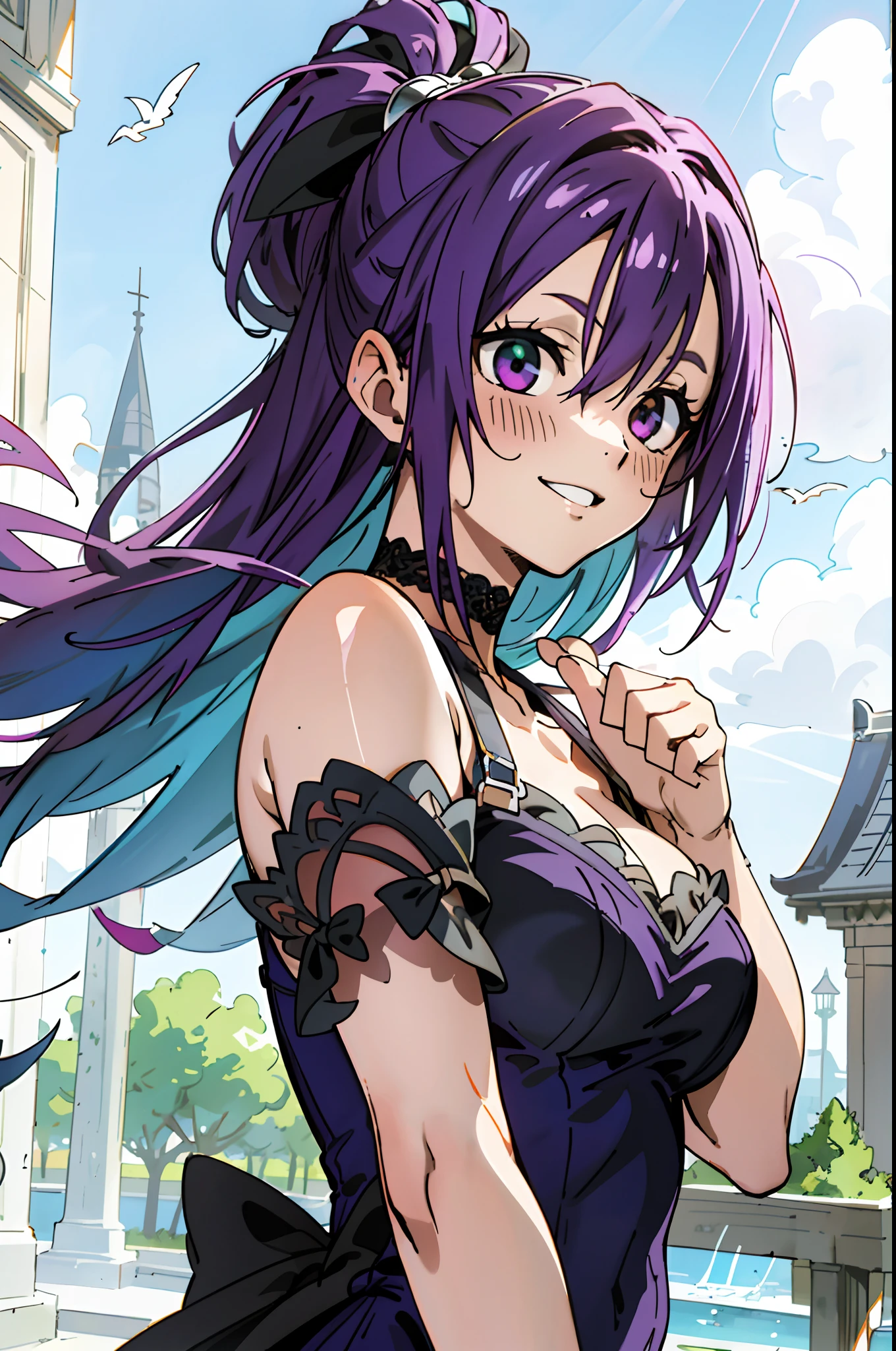 masutepiece, Best Quality, Ultra-detailed, Off-the-shoulder clothing, Colorful,Up-close, Hyper-detailing,purple color hair, , Ultra-realistic hair quality, Vibrant colors, Beautiful long hair, shoulder-length hair, Shiny hair, detailed hairs, Hair Ribbon, Single-sided up, bow ribbon, Reo Mikage, Blue Lock, no sleeves, Sleeveless, Open shoulders, Cinderella, Panniers and Cinderella, Cinderella Dresses, Lace dress, long-one-piece dress, White tights and leggings, leggins, Lace Tights, Bare legged, Sandals, Brown sandals, gladiator sandals, Chest exposure, Lace underwear, Metamorphosis is exposed, Choker, Black Choker, complete fingers, Five Fingers, Two arms, Two hands, Sexy breasts, Scar, Big breasts, red blush, 1girl in, Solo, Sharp face, Heterochromia, Green eyes, Purple eyes, Bare neck, Happy face, rays of sunshine, Brave Sky, shining sky, scenery of Shanghai, castles, kingdoms, crouching down, Wave and smile