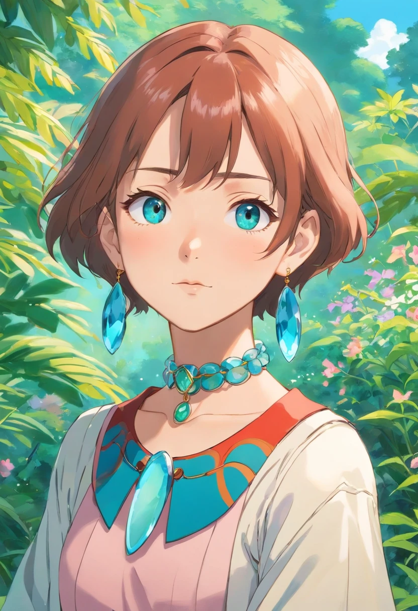 a girl wearing an anime collar, a long necklace and earrings, in the style of tranquil gardenscapes, colorful animation stills, masami teraoka, aquamarine, paul gauguin, Embry style, honest portrayal