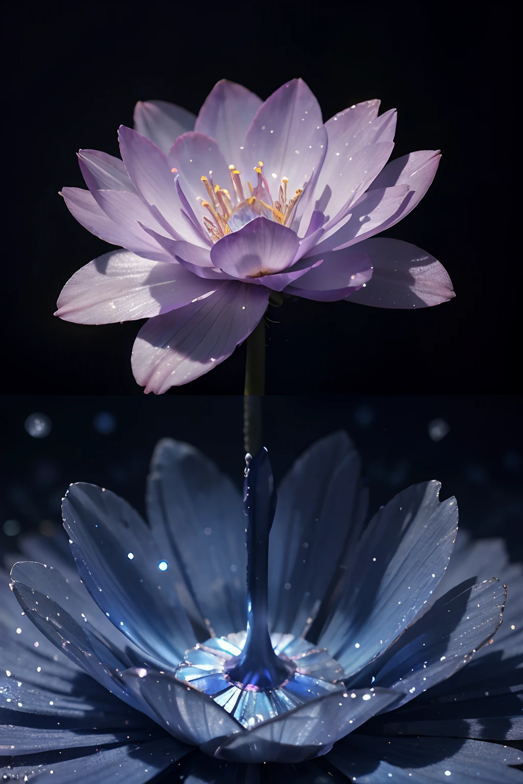 Close up of a flower with blue background, glowing delicate flower, crystal blossom flower, rich petals, fantasy, galaxy, transparent, sparkling, sparkling, brilliant, colorful, magical photography, dramatic lighting, photo realism, ultra detail, 4k, depth of field, high resolution, elemental flower, elemental flower, 32k