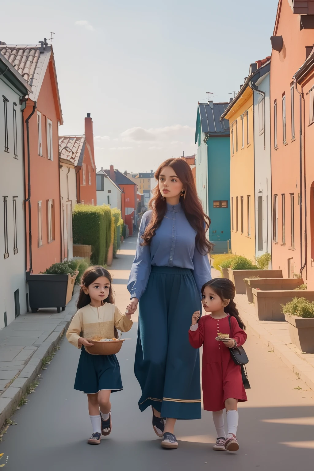 year: 2023. Location: Sweden. Pre-Raphaelite scene with a 7 and s, persian, bringing a tray of food to their neighbour, terraced houses, ((((casual Clothing from the 2020s)))) ((Hairstyle of the 2020s)), (((in the style of "OMITB")))