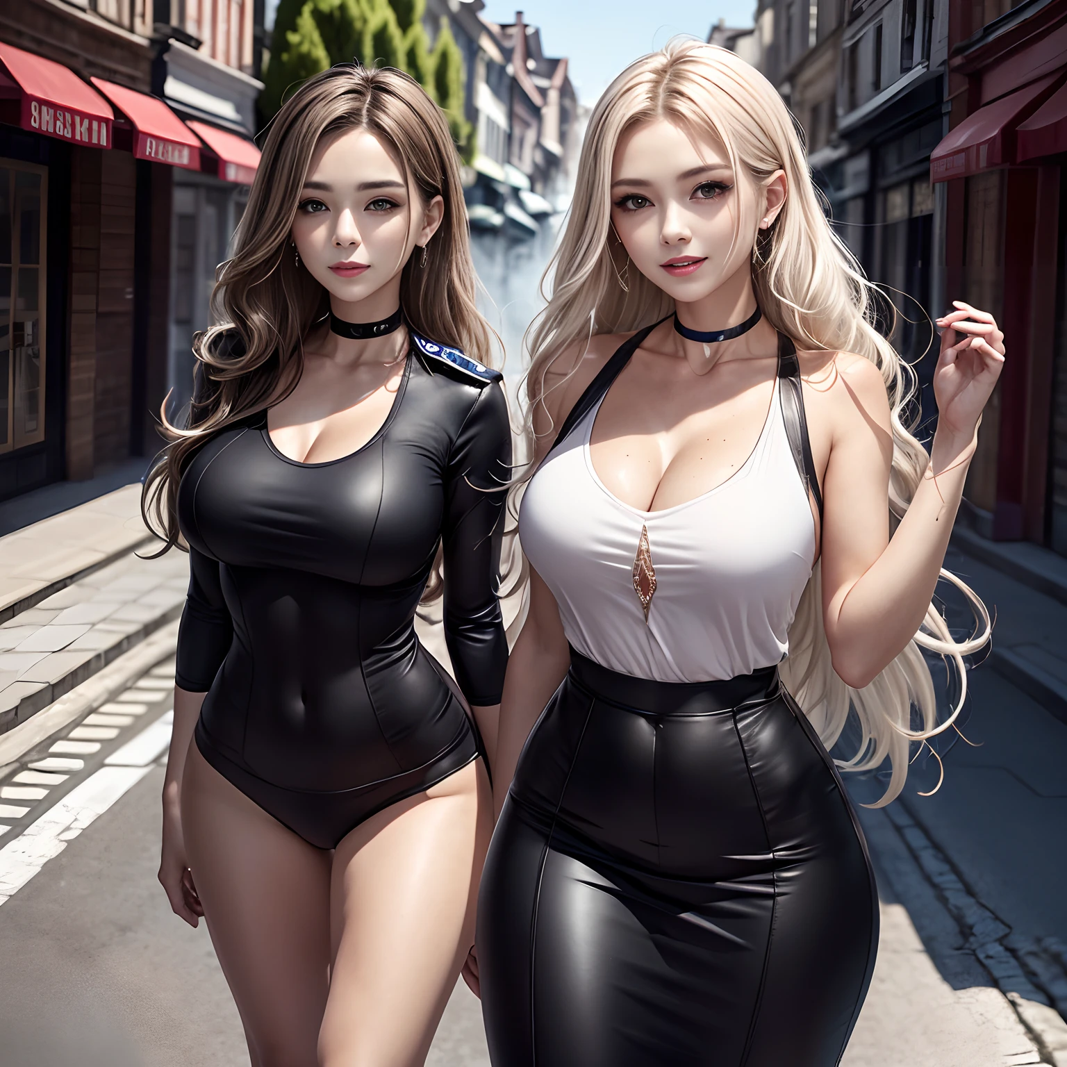 （8K，tmasterpiece：1.2），（Hyper-detailing），（ssmile：1.1），（（wavy white long hair）：1.3，beatiful detailed eyes，Light makeup，choker necklace，ear jewelry，Pink and moist lips，full body shot of），Two slender women，red color eyes，Lively streets，Absurd long white hair，（Police uniform），（Black combat uniform），Female police，Cocked buttocks，（（Stretch meat，Fair and moisturized skin）），Be dignified and religious，），（The atmosphere is ambiguous，misty background，a fairy world：1.2），（long  white hair）